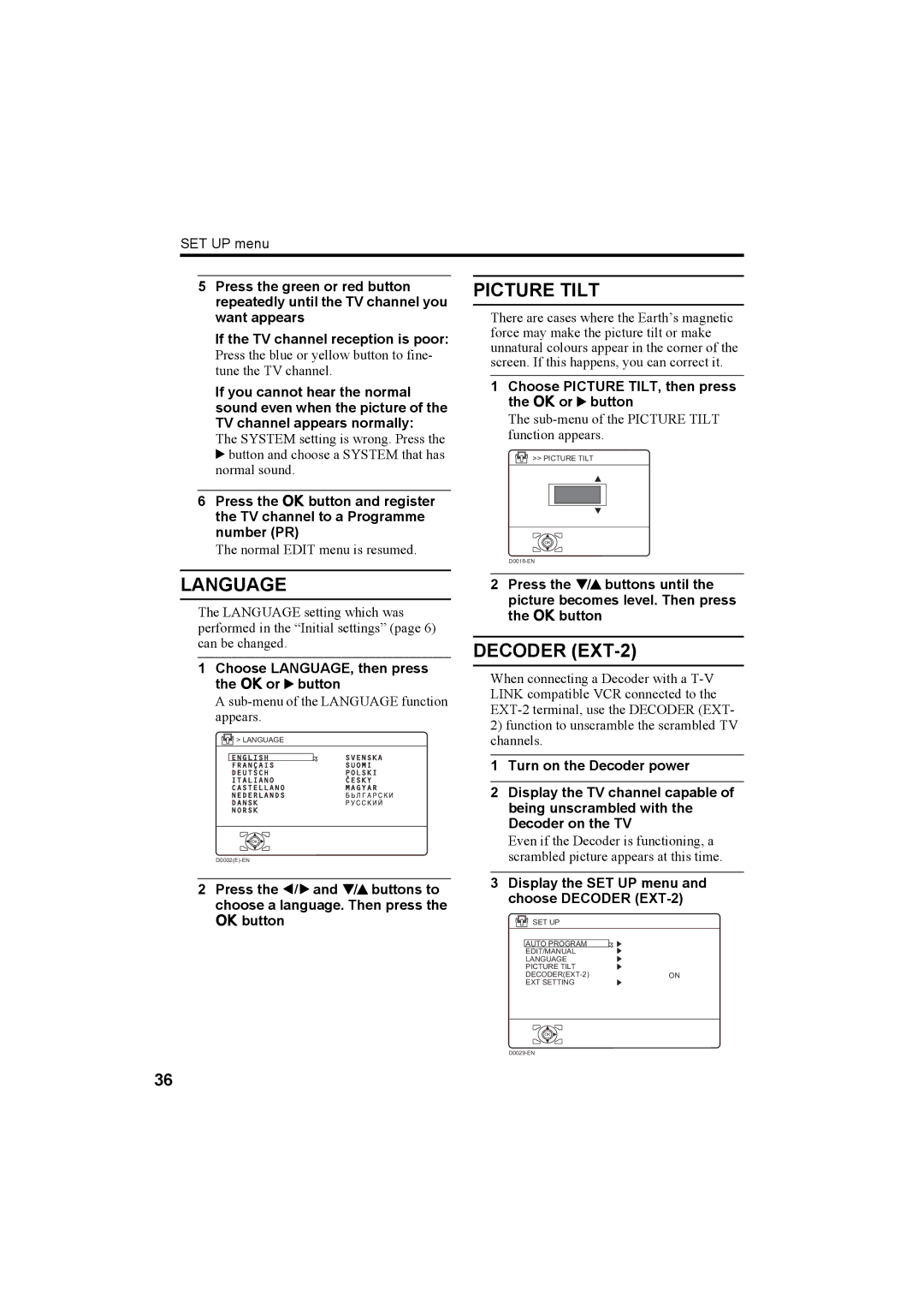 JVC HV-36P38SUE, HV-32P37SUE, HV-28P37SUE manual Language, Picture Tilt, Decoder EXT-2 