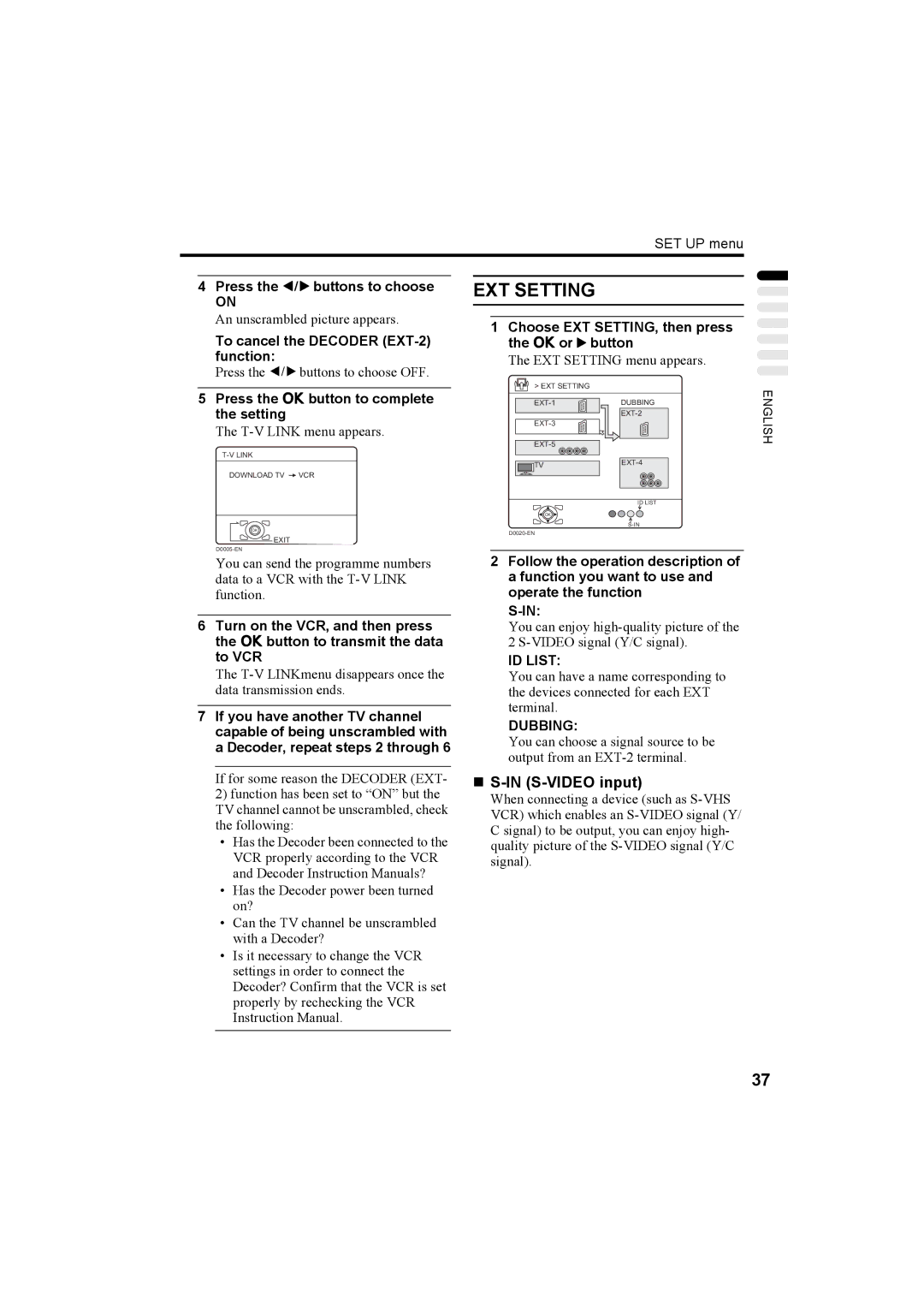 JVC HV-36P38SUE, HV-32P37SUE, HV-28P37SUE manual EXT Setting, „ S-IN S-VIDEO input, ID List, Dubbing 