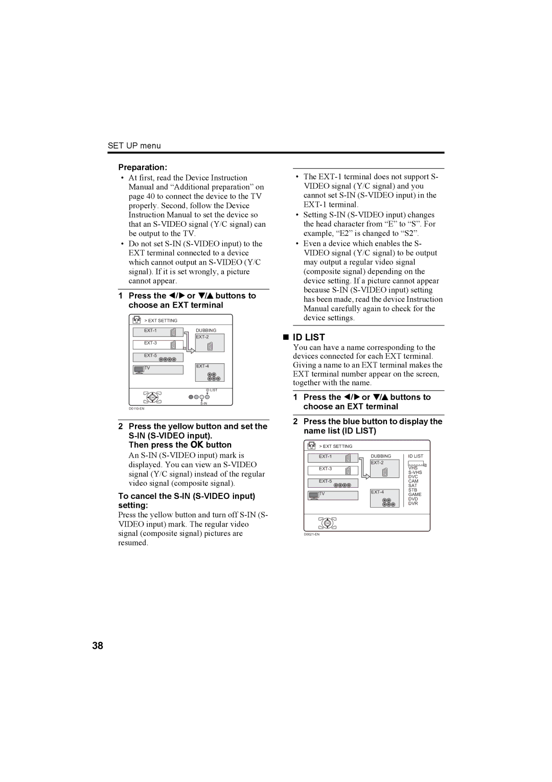 JVC HV-36P38SUE, HV-32P37SUE, HV-28P37SUE manual „ ID List, Preparation, Press the 5or 6buttons to choose an EXT terminal 