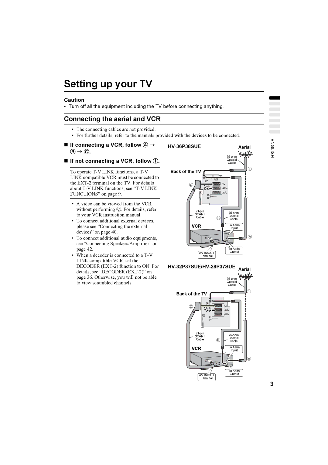 JVC HV-36P38SUE, HV-32P37SUE, HV-28P37SUE manual Setting up your TV, Connecting the aerial and VCR, → C 