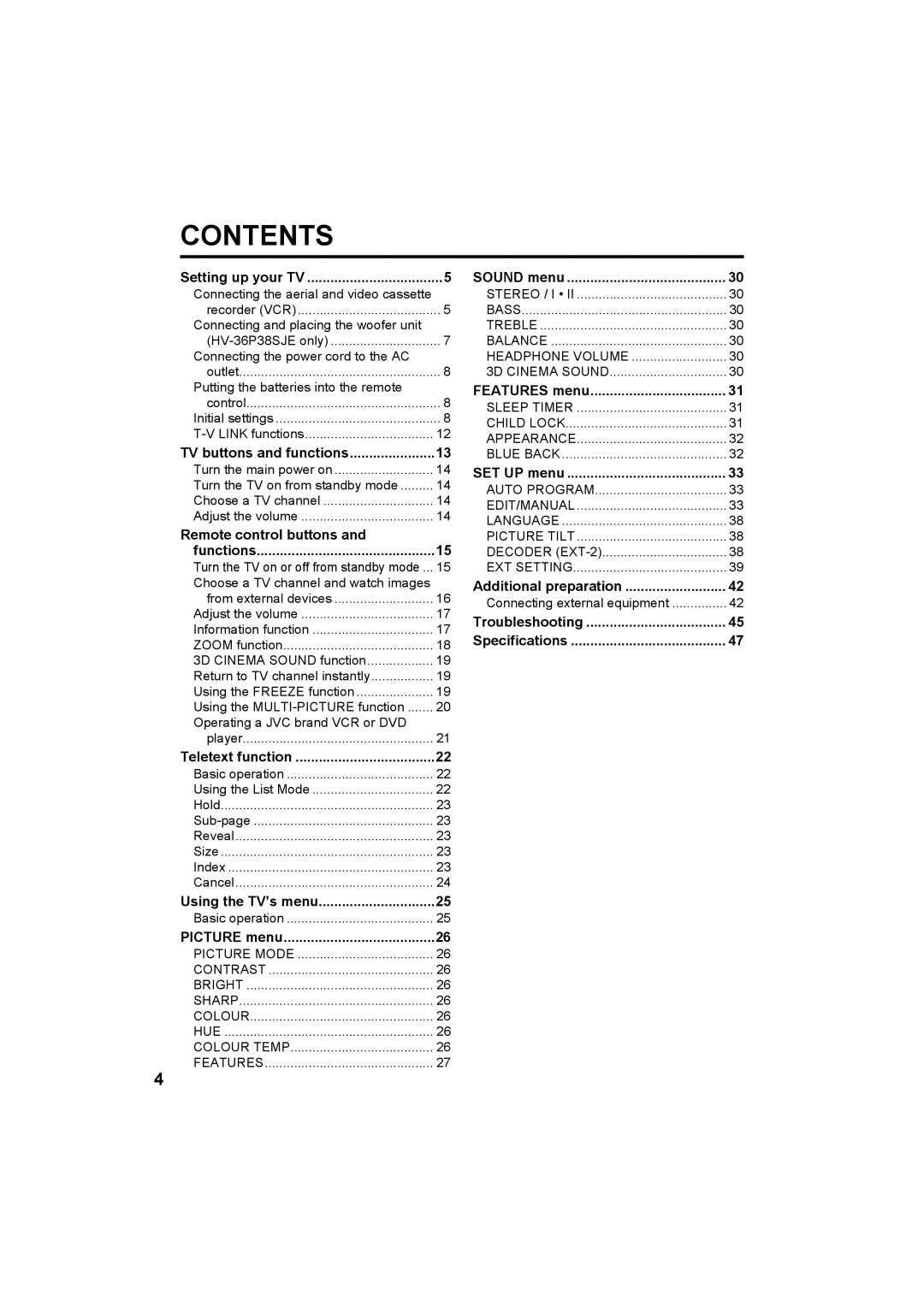 JVC HV-36P38SUE, HV-32P37SUE, HV-28P37SUE manual Setting up your TV, Troubleshooting Specifications 