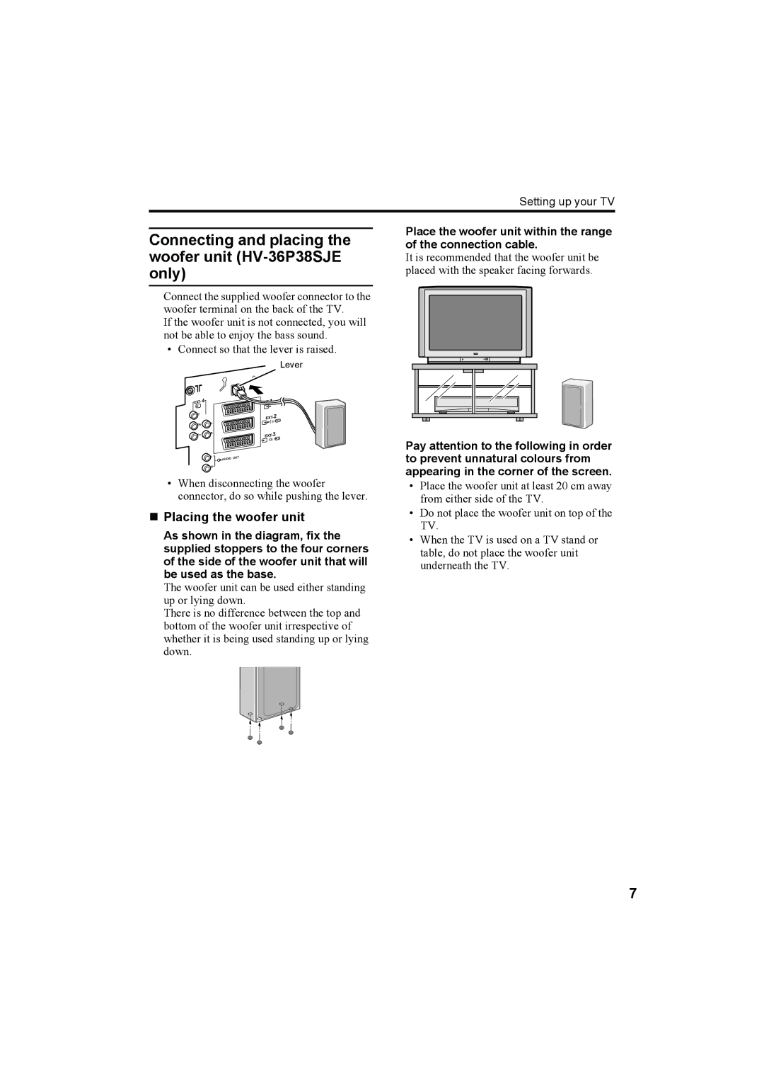 JVC HV-36P38SUE, HV-32P37SUE, HV-28P37SUE manual Connecting and placing the woofer unit HV-36P38SJE only 