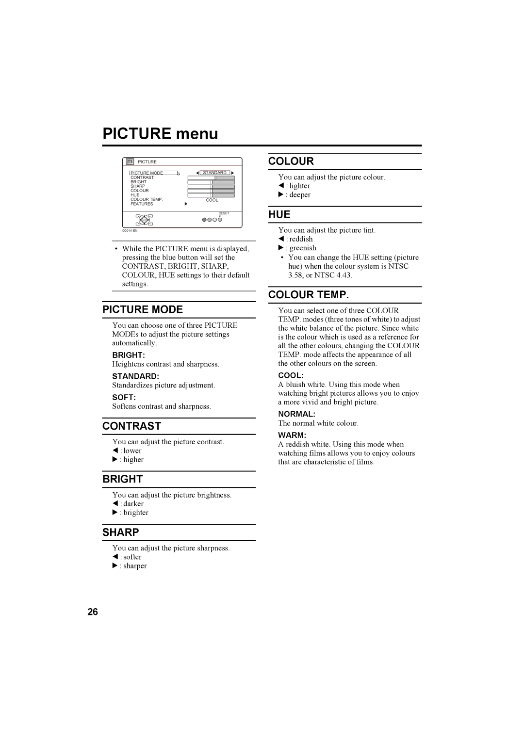 JVC HV-36P38SUE, HV-32P37SUE, HV-28P37SUE manual Picture menu 