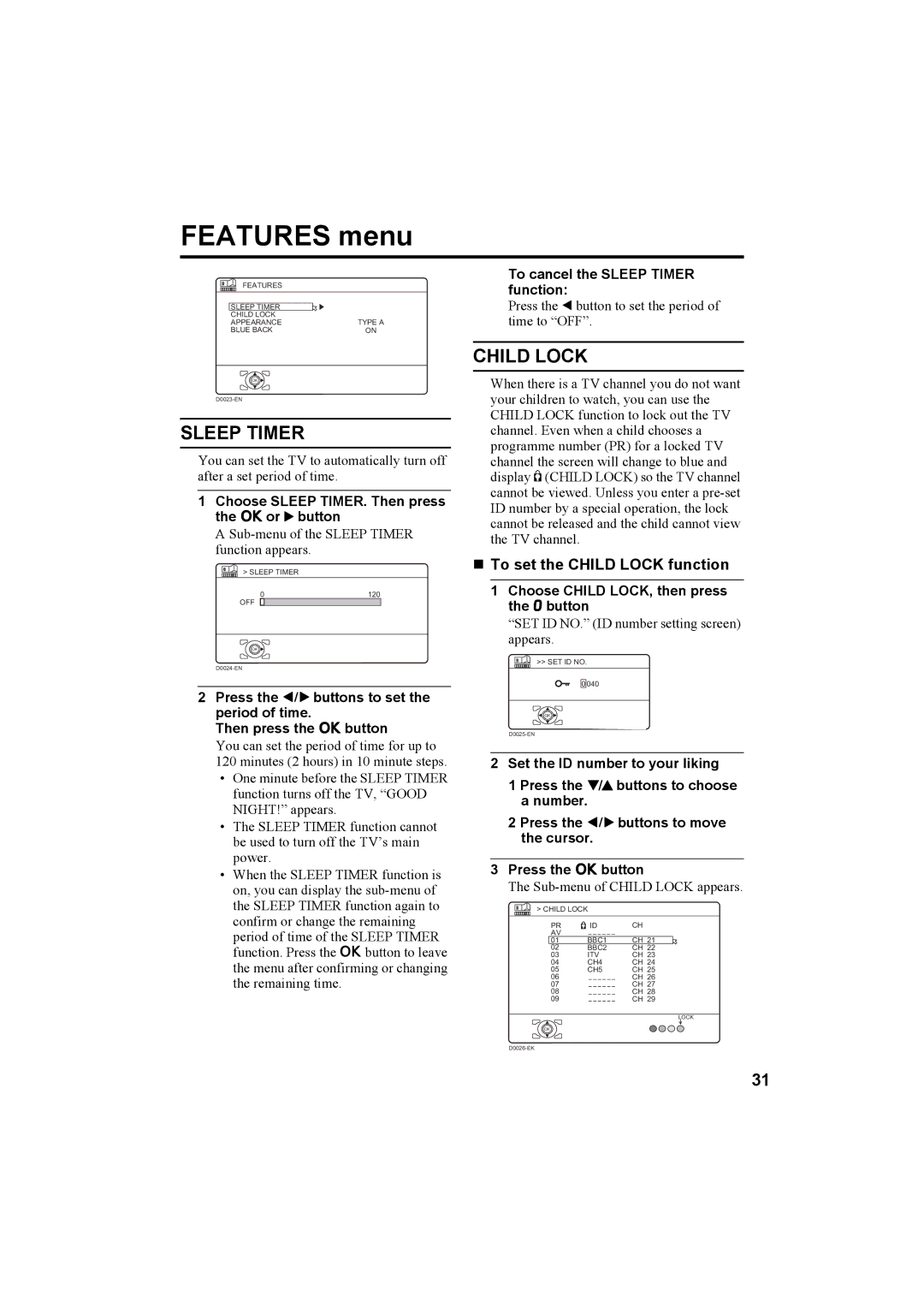 JVC HV-36P38SUE, HV-32P37SUE, HV-28P37SUE manual Features menu, To cancel the Sleep Timer function 