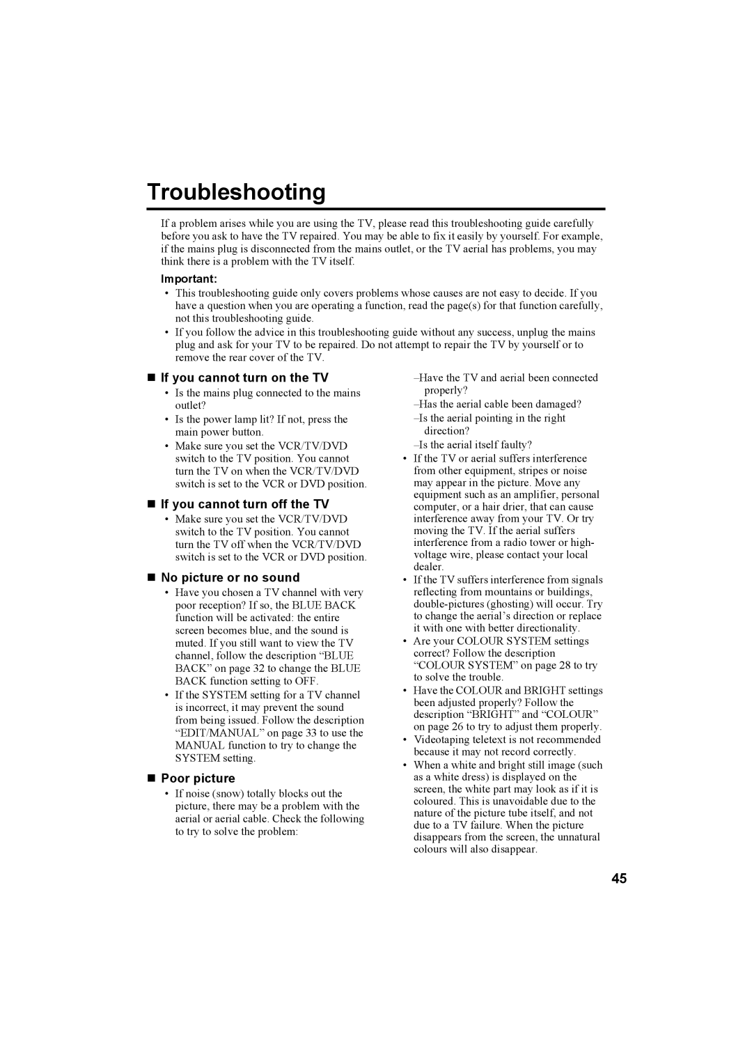 JVC HV-36P38SUE, HV-32P37SUE, HV-28P37SUE manual Troubleshooting, „ No picture or no sound 