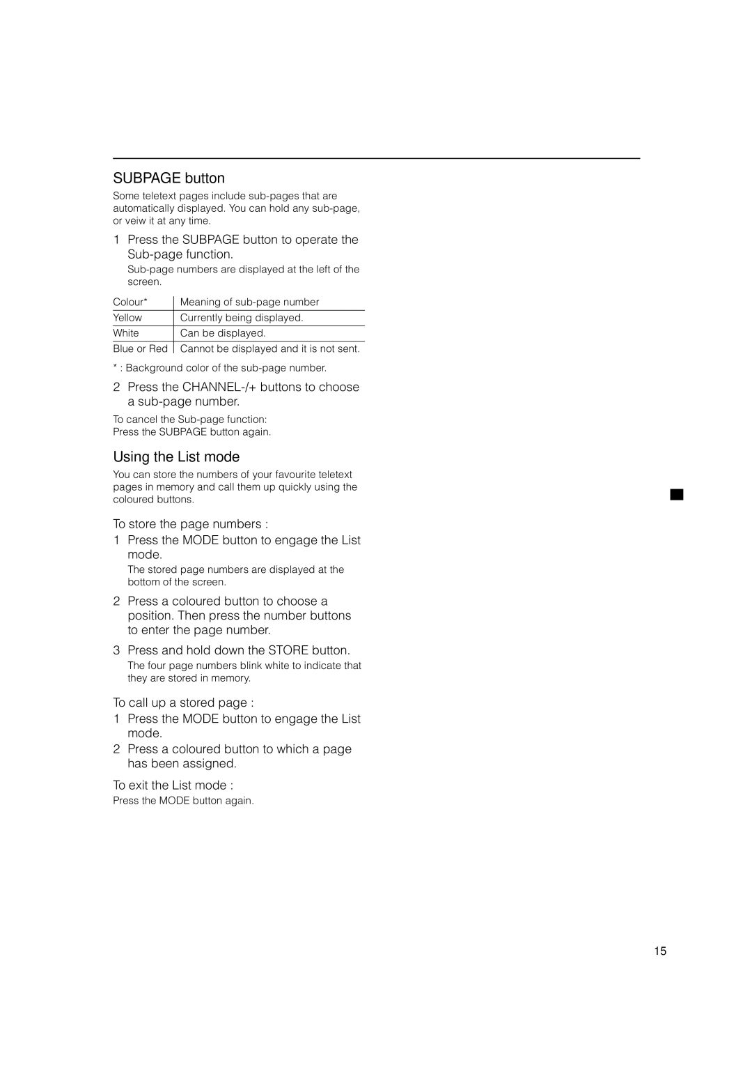 JVC HV-53PRO specifications Using the List mode, Press the Subpage button to operate the Sub-page function 