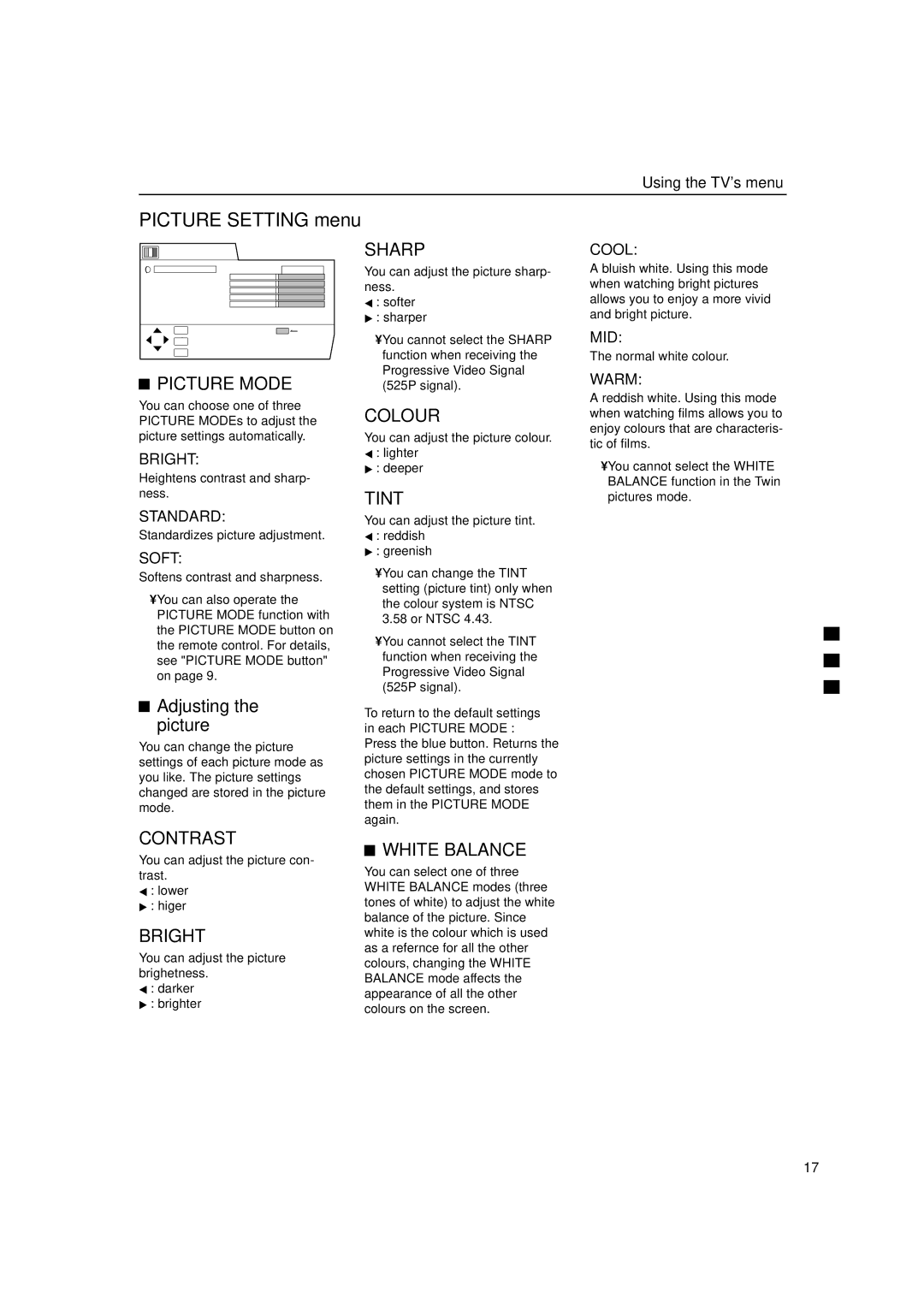 JVC HV-53PRO specifications Picture Setting menu 