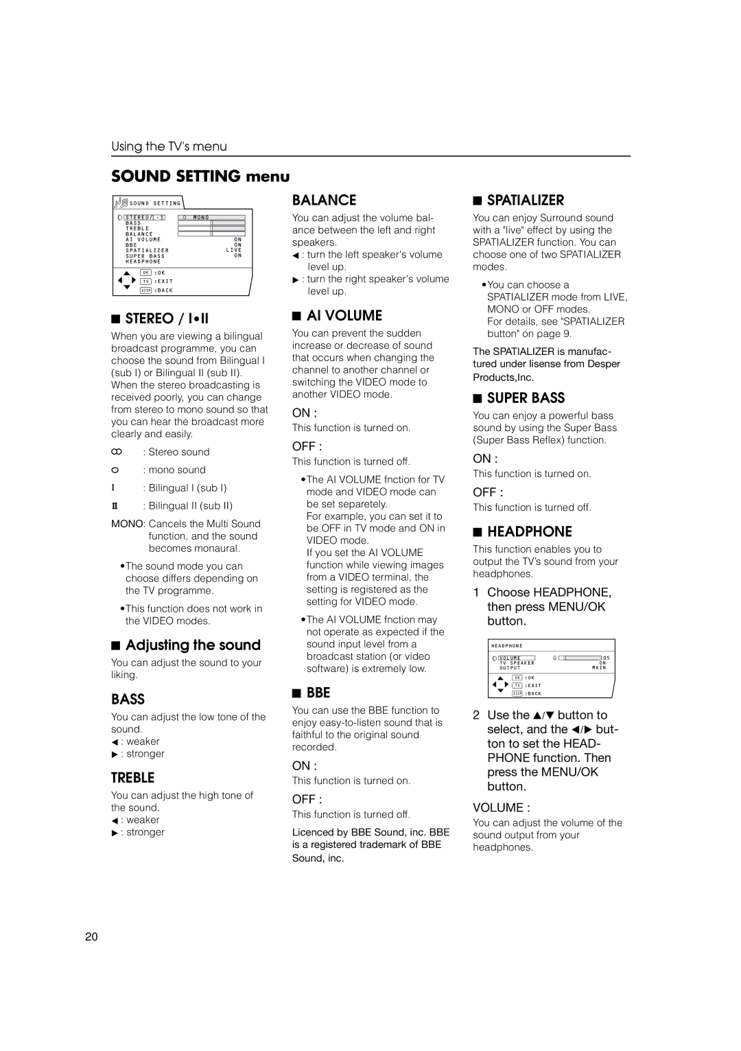 JVC HV-53PRO specifications Sound Setting menu 