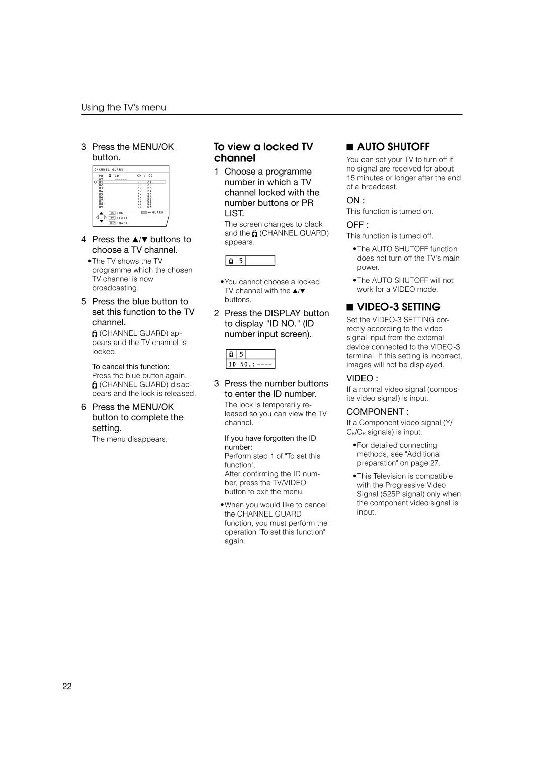 JVC HV-53PRO specifications To view a locked TV channel, Auto Shutoff, VIDEO-3 Setting, Video, Component 