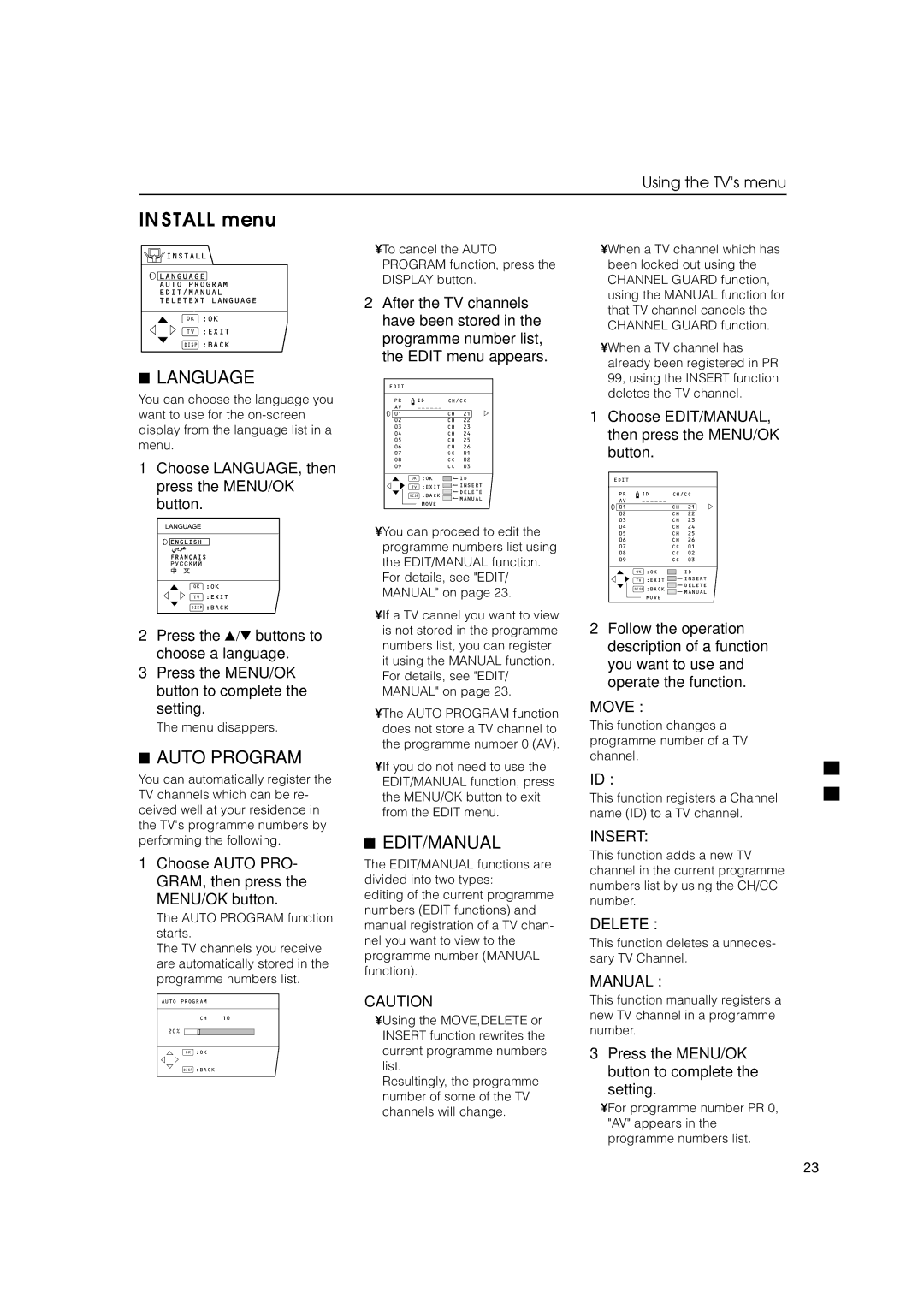 JVC HV-53PRO specifications Install menu, Language, Auto Program, Edit/Manual 