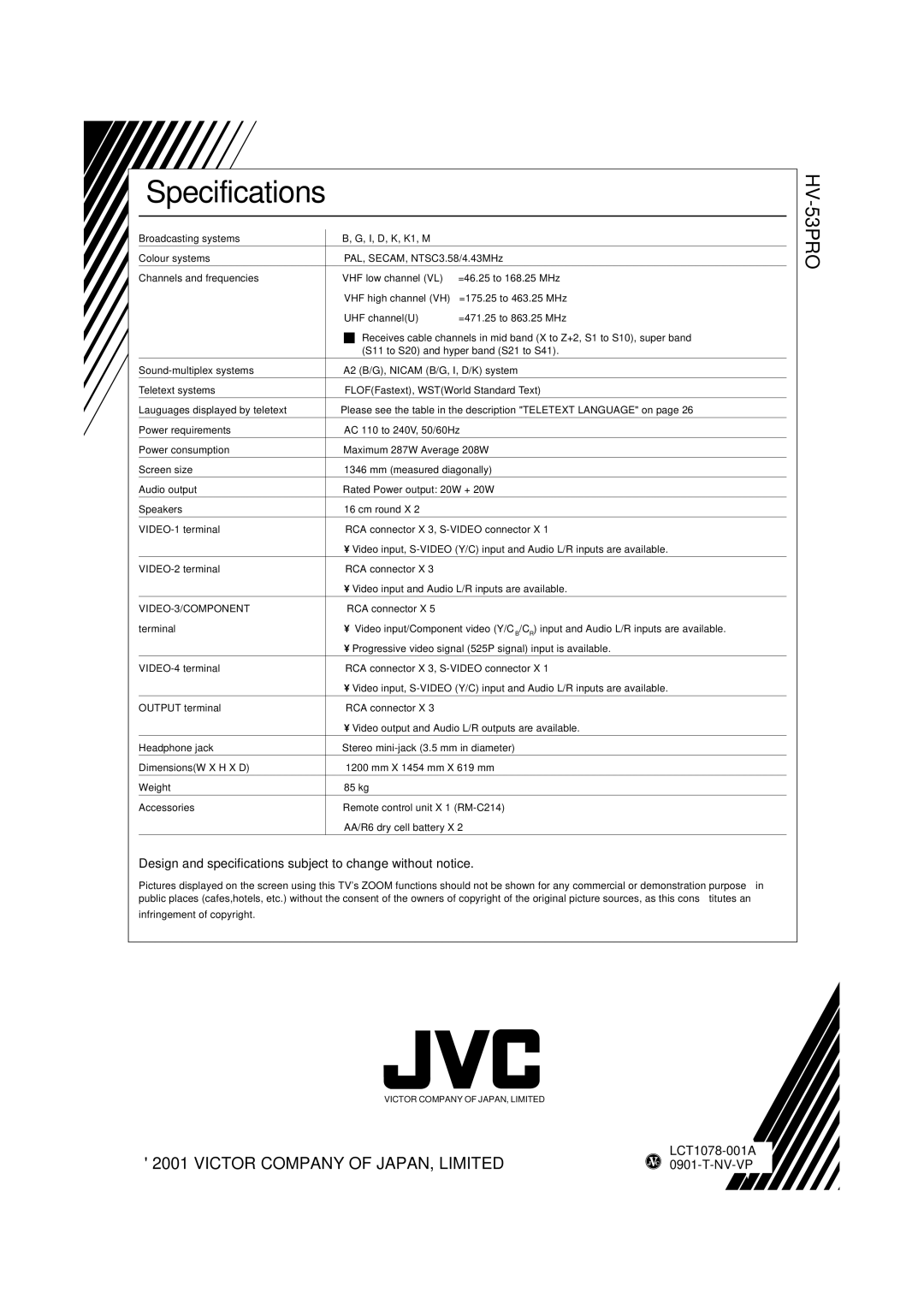 JVC HV-53PRO specifications Specifications, VIDEO-3/COMPONENT 