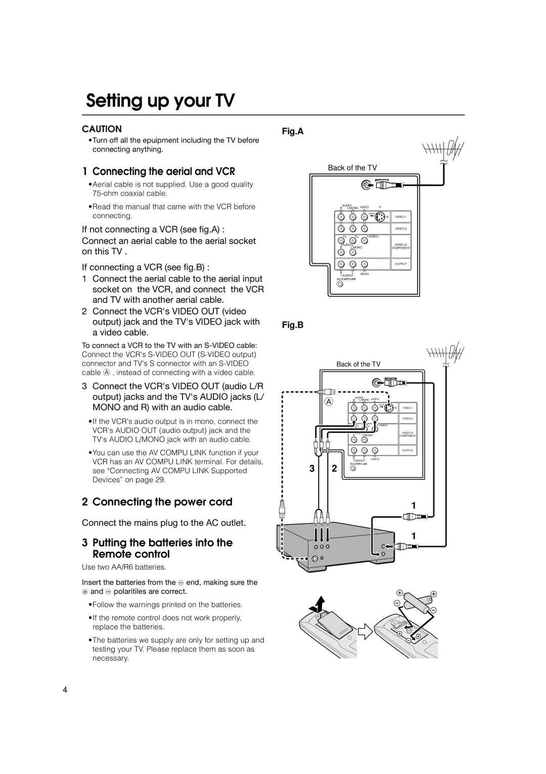 JVC HV-53PRO specifications Setting up your TV, Connecting the aerial and VCR, Connecting the power cord 