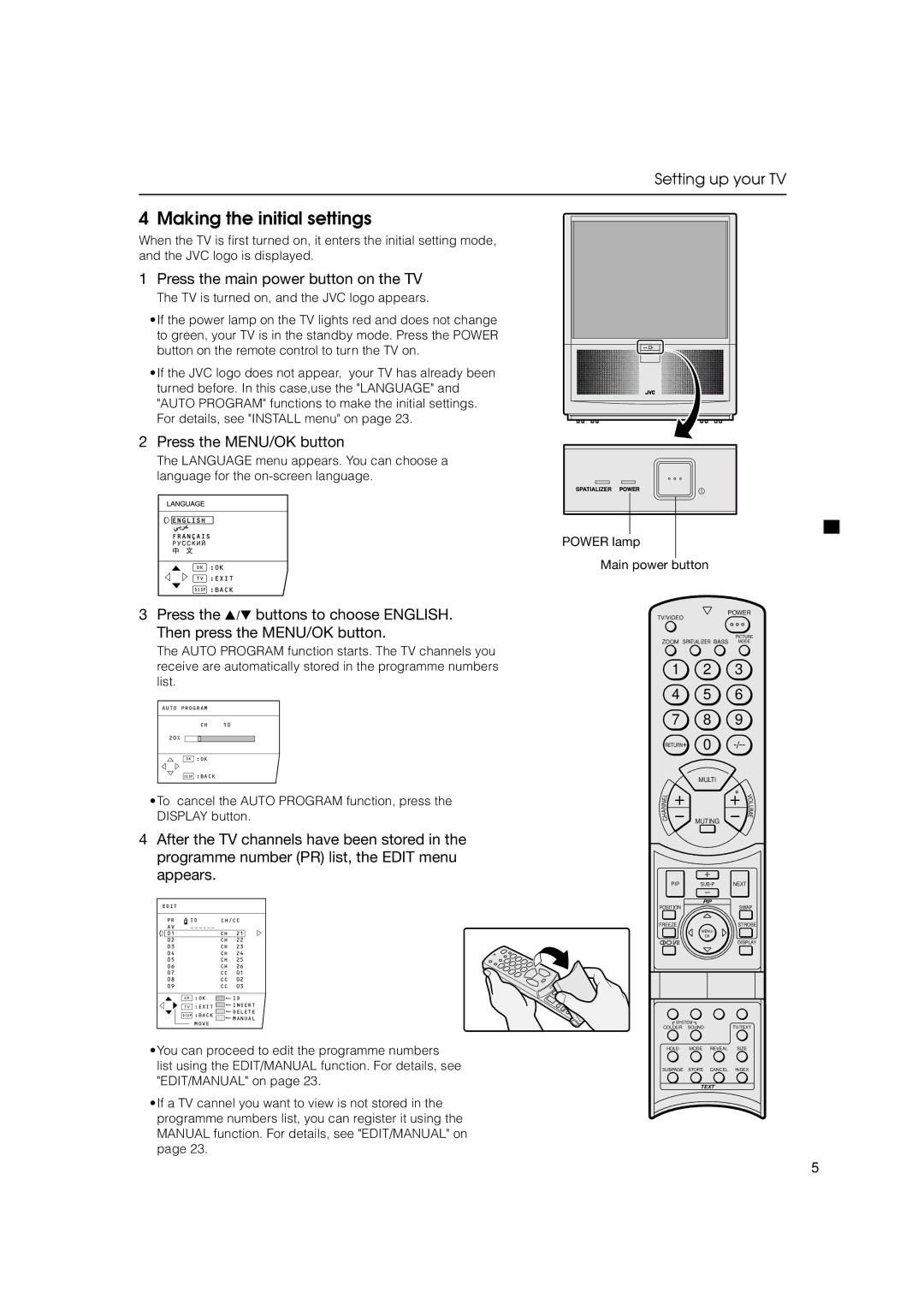 JVC HV-53PRO specifications Making the initial settings, Press the main power button on the TV, Press the MENU/OK button 