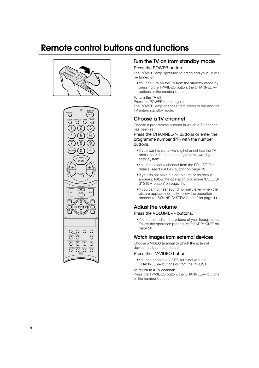 JVC HV-53PRO Remote control buttons and functions, Watch images from external devices, Press the Power button 