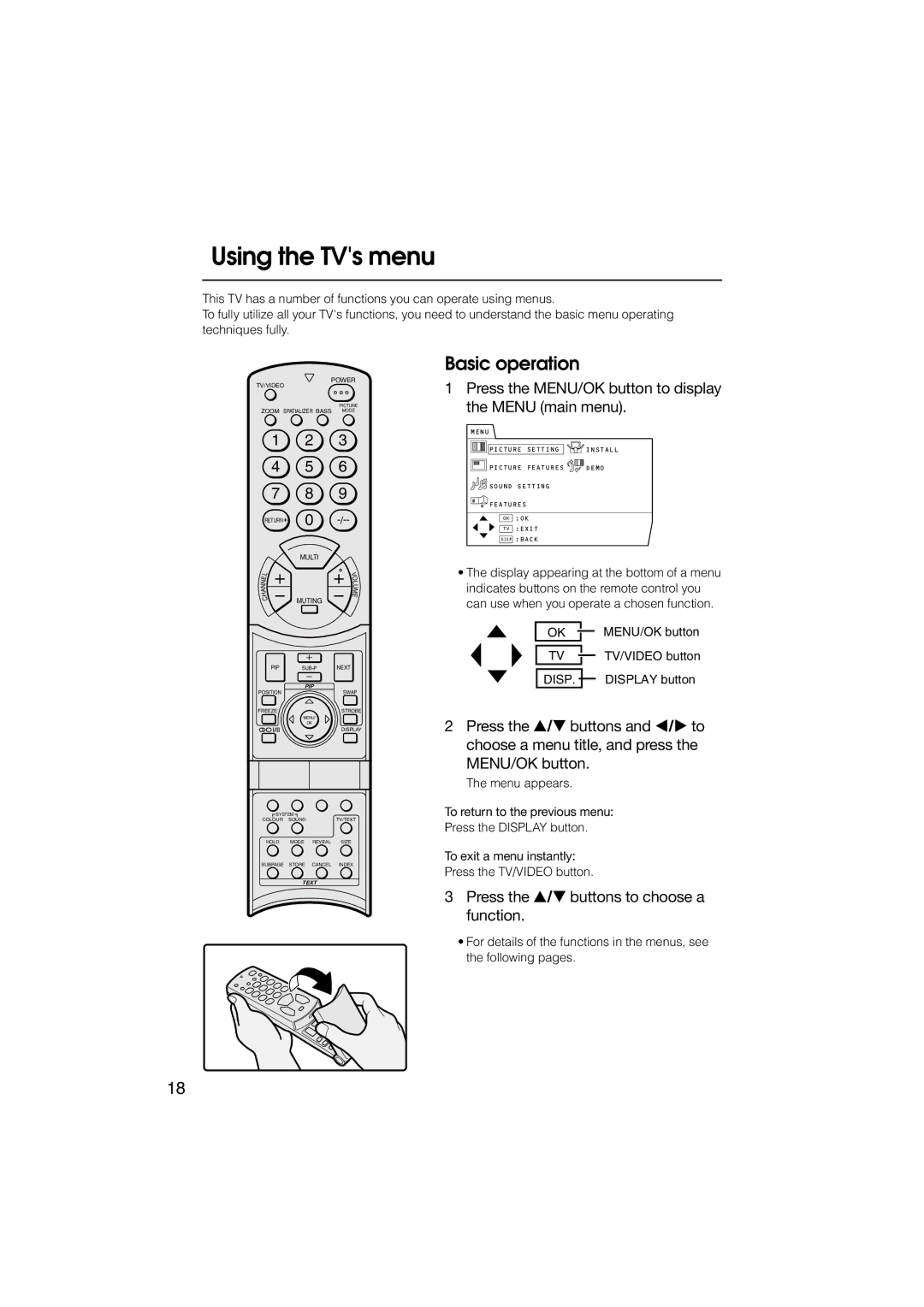 JVC HV-L34PRO, HV-L29PRO manual Basic operation, Press the MENU/OK button to display the Menu main menu 