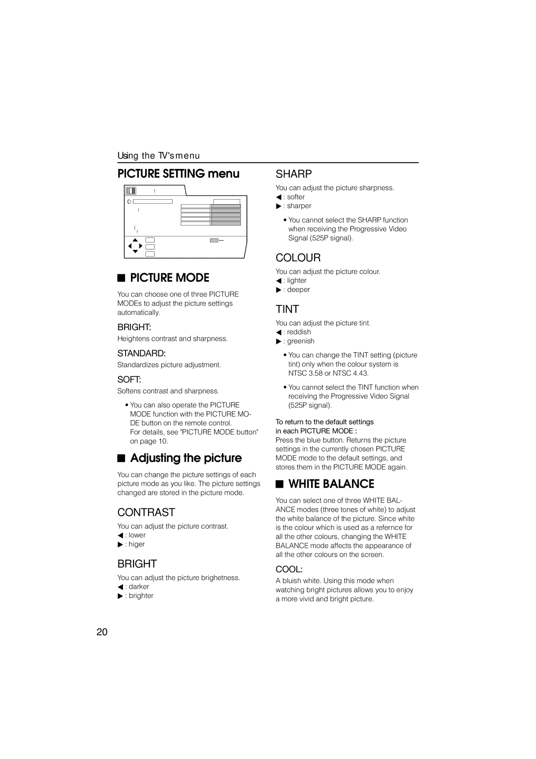 JVC HV-L34PRO, HV-L29PRO manual Picture Setting menu, Picture Mode, Adjusting the picture, White Balance, Cool 