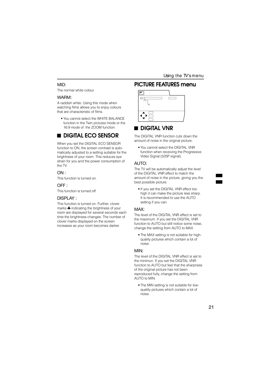 JVC HV-L29PRO, HV-L34PRO manual Digital ECO Sensor, Picture Features menu, Digital VNR 