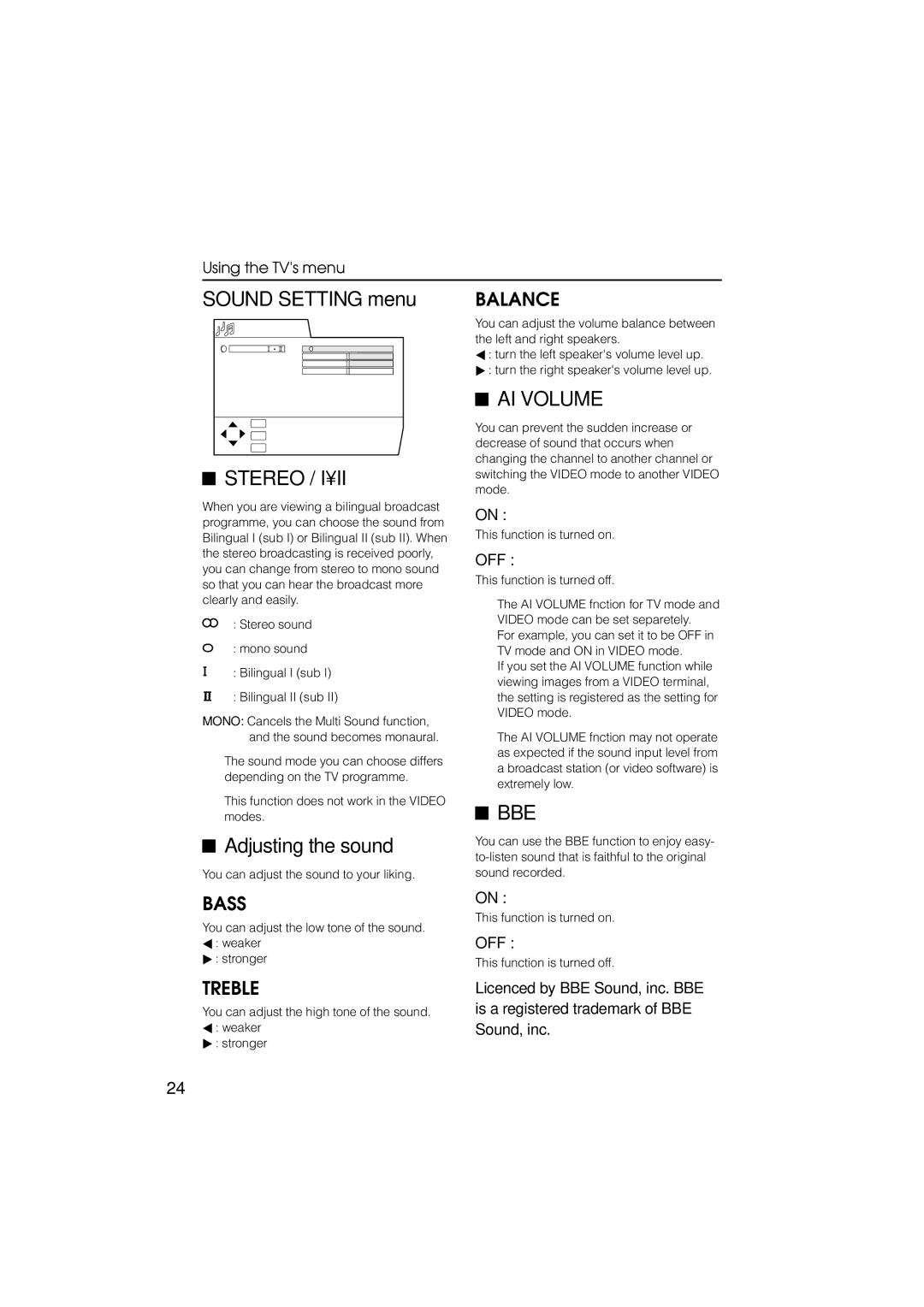 JVC HV-L34PRO, HV-L29PRO manual Sound Setting menu, Stereo, Adjusting the sound, AI Volume, Bbe 