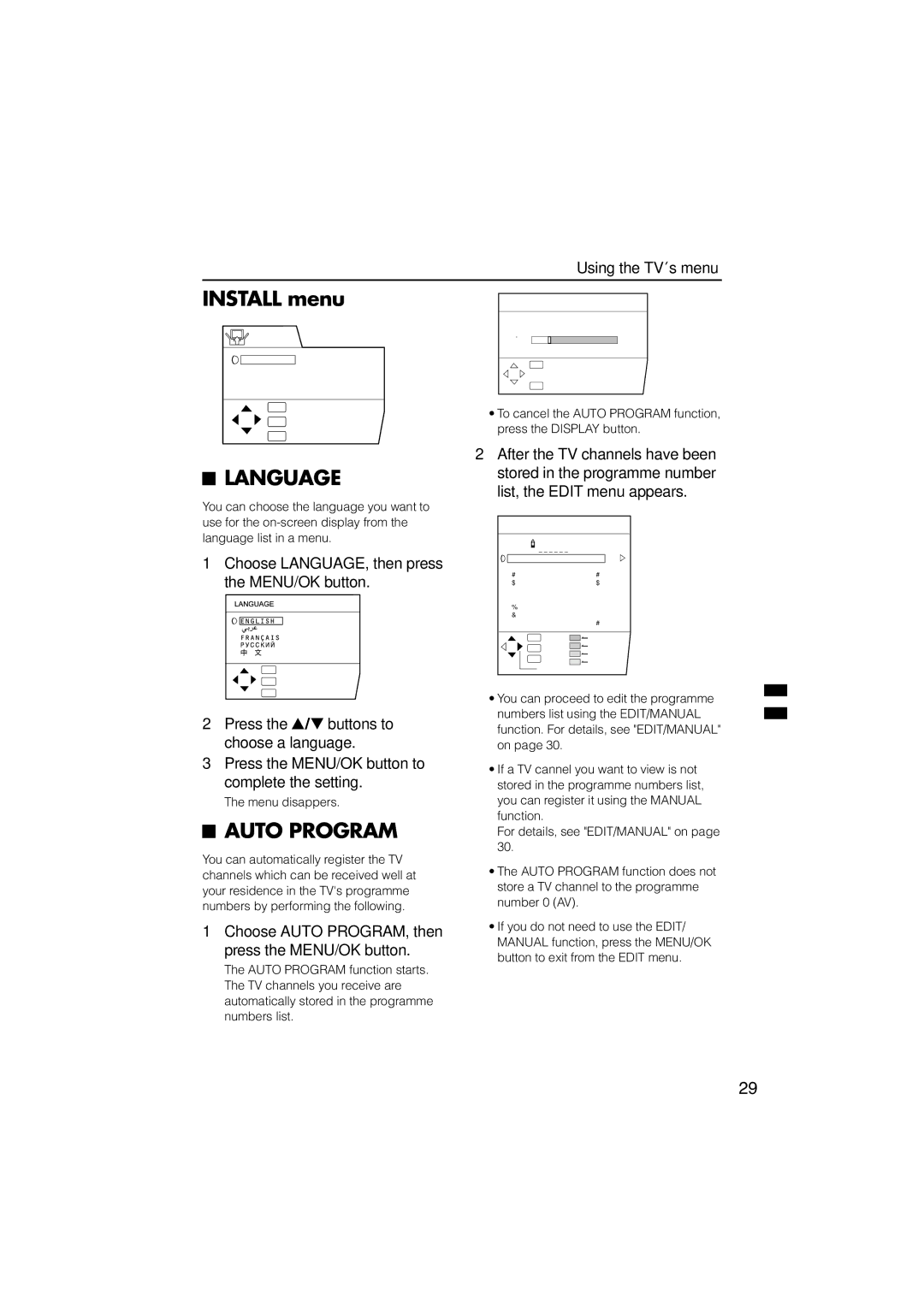 JVC HV-L29PRO, HV-L34PRO manual Install menu, Language, Auto Program 