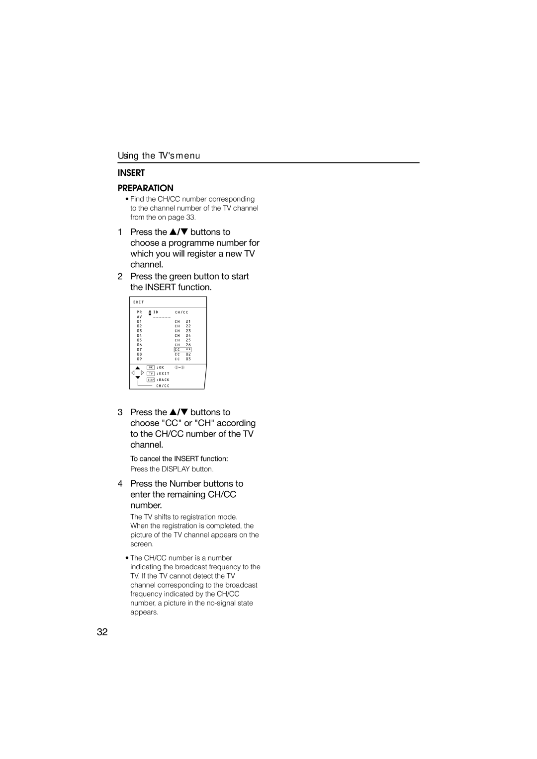 JVC HV-L34PRO, HV-L29PRO manual Insert Preparation, Press the Number buttons to enter the remaining CH/CC number 