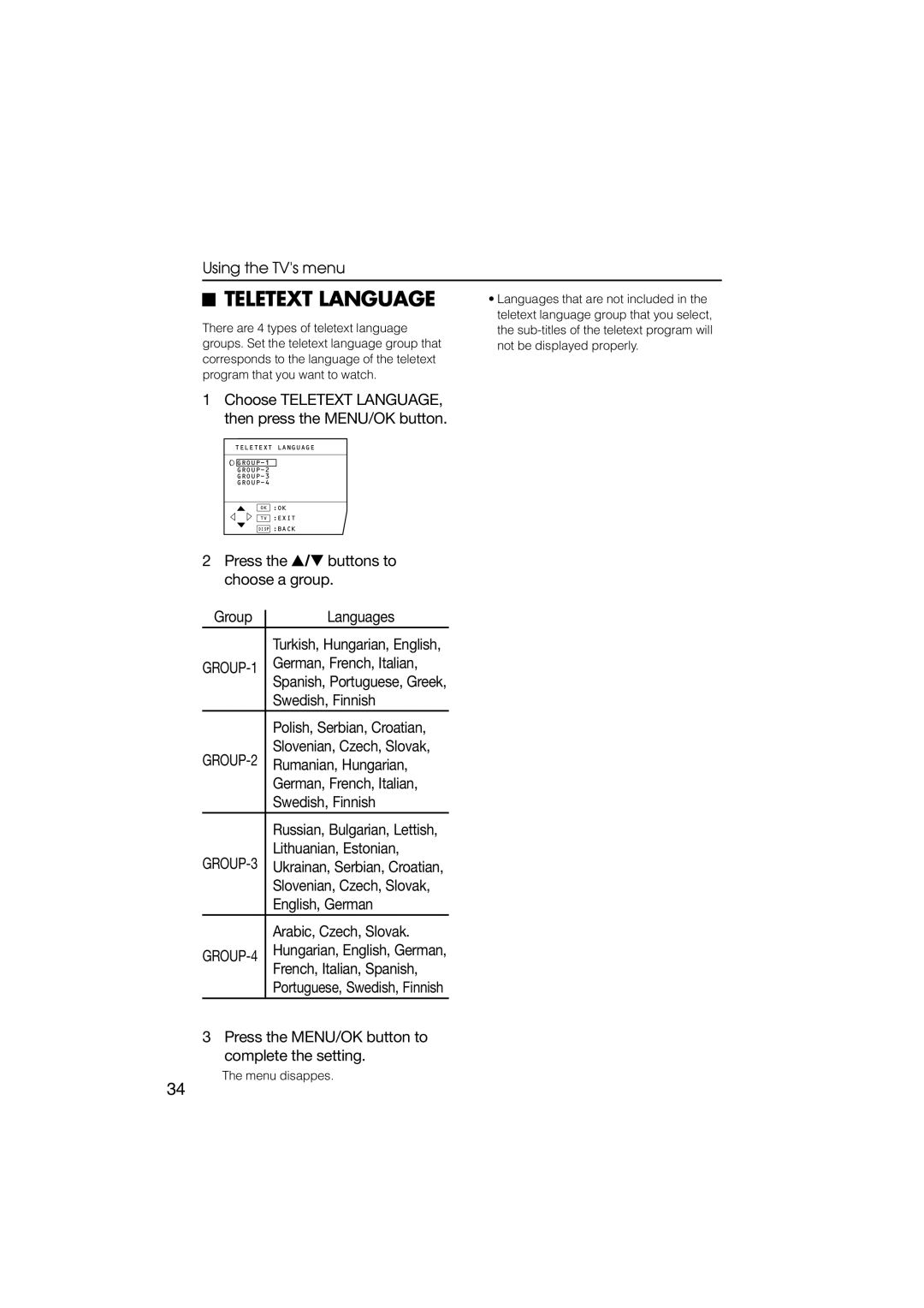 JVC HV-L34PRO, HV-L29PRO manual Teletext Language, Choose Teletext LANGUAGE, then press the MENU/OK button 