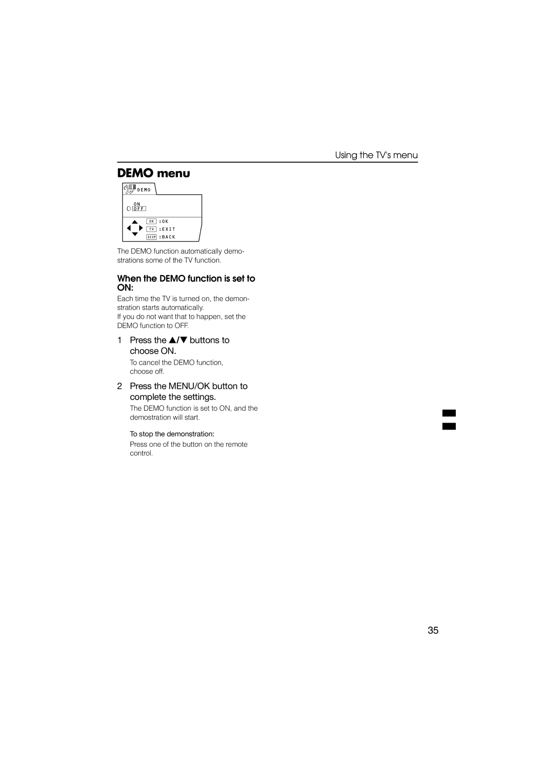 JVC HV-L29PRO, HV-L34PRO manual Demo menu, When the Demo function is set to, Press the / buttons to choose on 