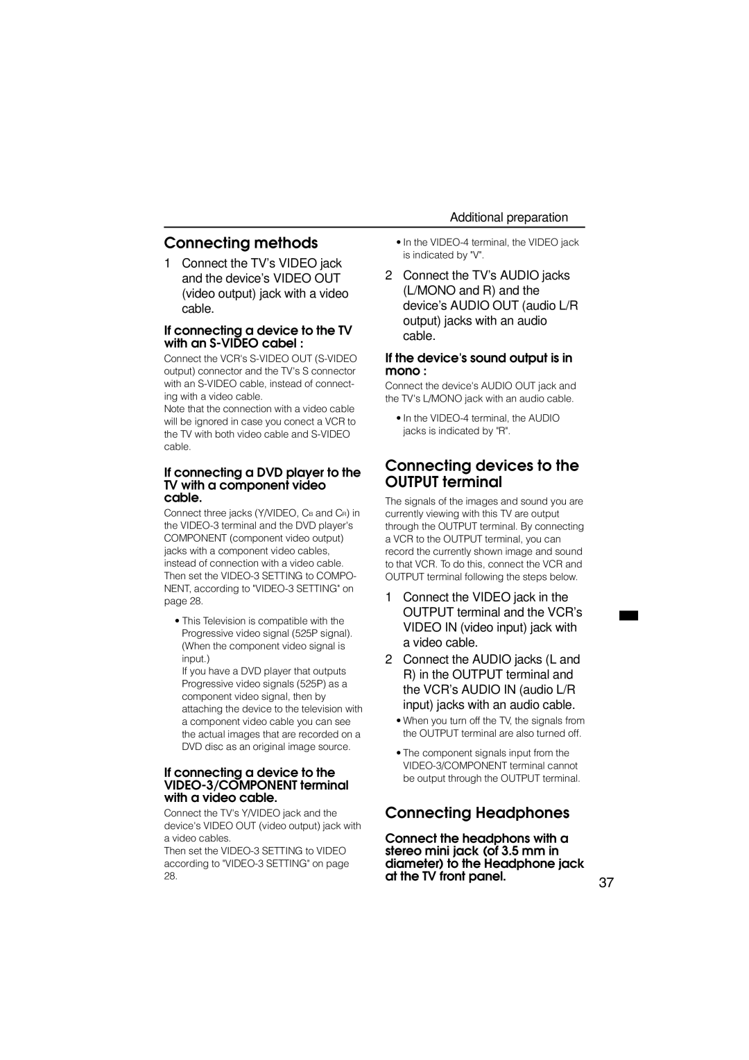 JVC HV-L29PRO, HV-L34PRO manual Connecting methods, Connecting devices to the Output terminal, Connecting Headphones 