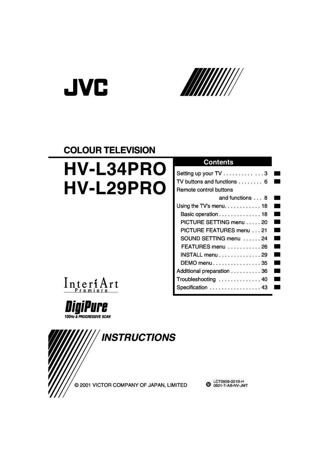 JVC manual HV-L34PRO HV-L29PRO, Instructions, Colour Television, Contents 