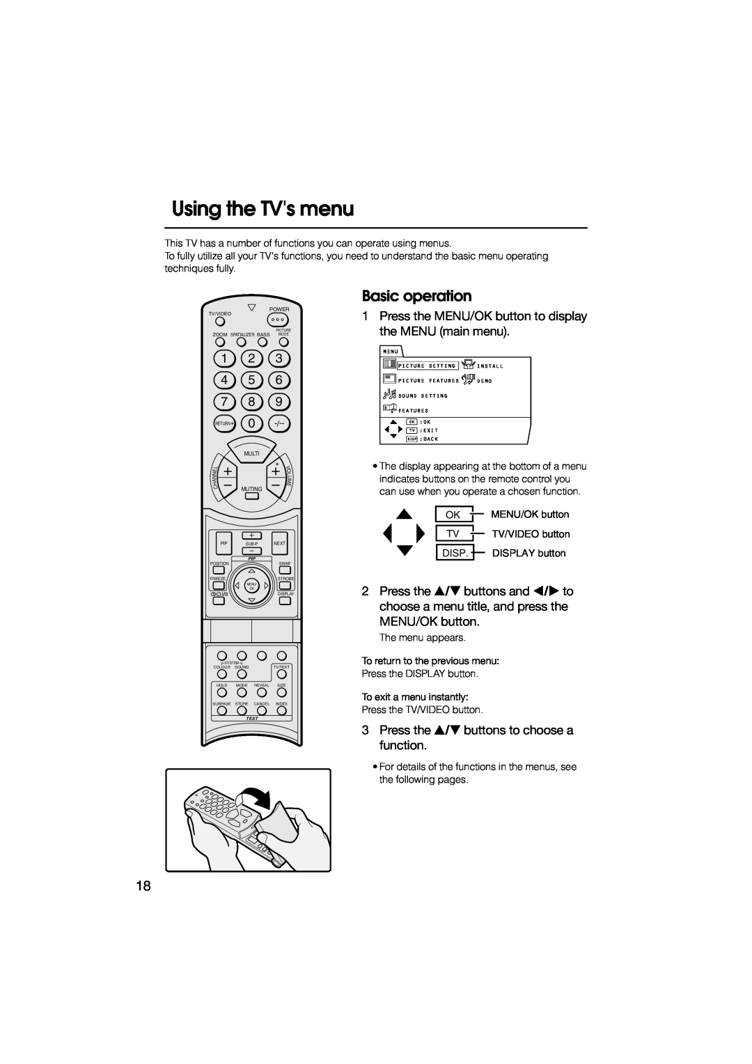 JVC HV-L34PRO, HV-L29PRO manual Using the TVs menu, Basic operation, Press the MENU/OK button to display the MENU main menu 