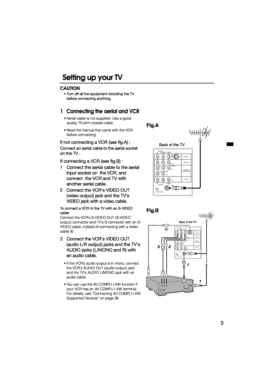 JVC HV-L29PRO, HV-L34PRO manual Setting up your TV, Connecting the aerial and VCR, Fig.A, Fig.B 
