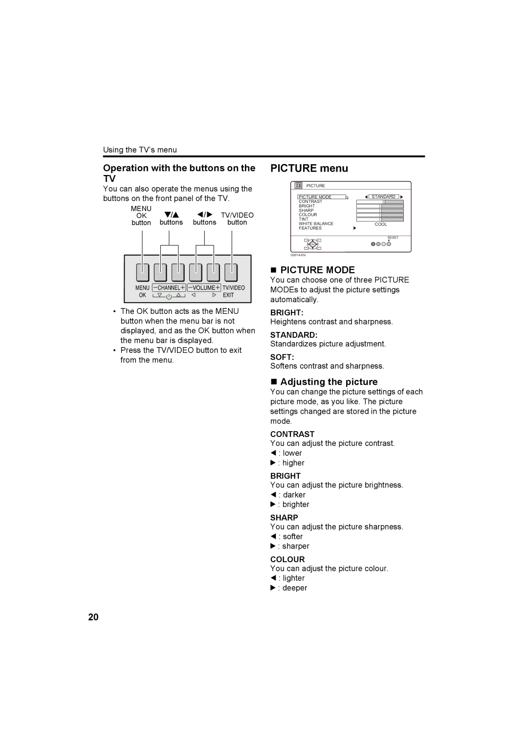 JVC HV-Z34L1, HV-Z29L1 specifications Picture menu, Operation with the buttons on, „ Picture Mode, „ Adjusting the picture 