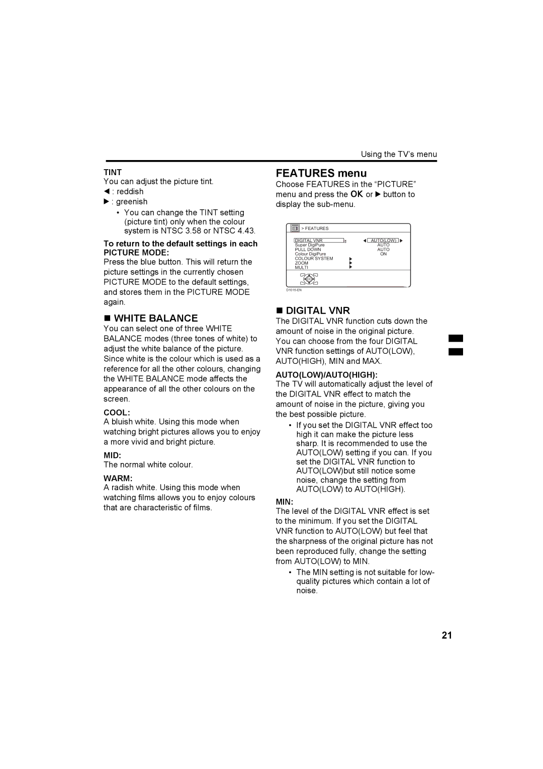 JVC HV-Z29V1, HV-Z34L1 Features menu, „ White Balance, „ Digital VNR, To return to the default settings in each 