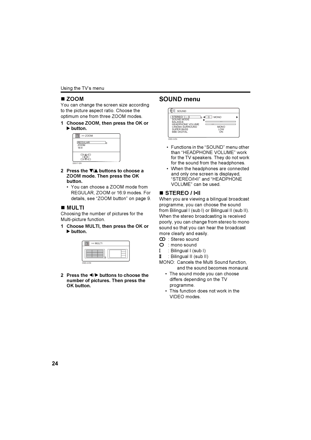 JVC HV-Z34L1, HV-Z29L1, HV-Z29V1, HV-Z34L1 specifications Sound menu, „ Zoom, „ Multi, „ Stereo 