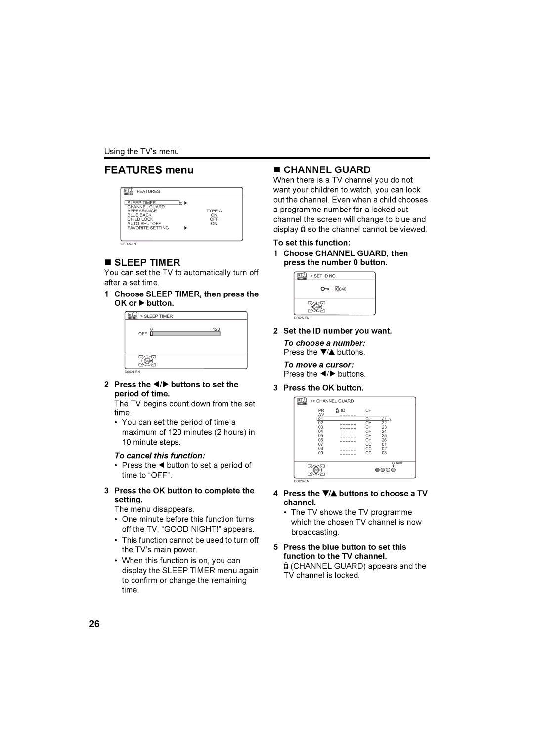 JVC HV-Z34L1, HV-Z29L1, HV-Z29V1, HV-Z34L1 specifications „ Sleep Timer, „ Channel Guard 