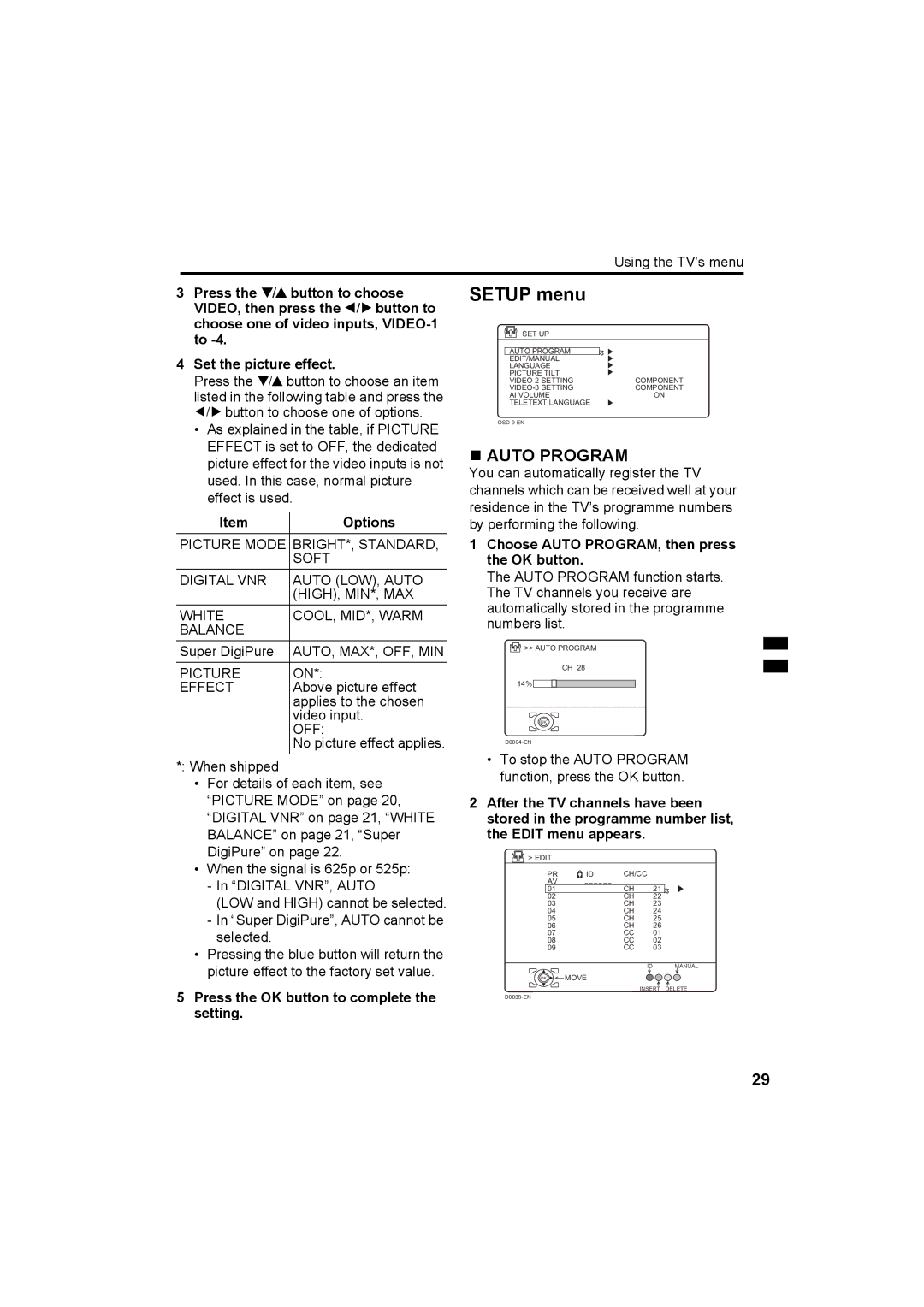 JVC HV-Z29V1, HV-Z34L1, HV-Z34L1, HV-Z29L1 Setup menu, „ Auto Program, Choose Auto PROGRAM, then press the OK button 