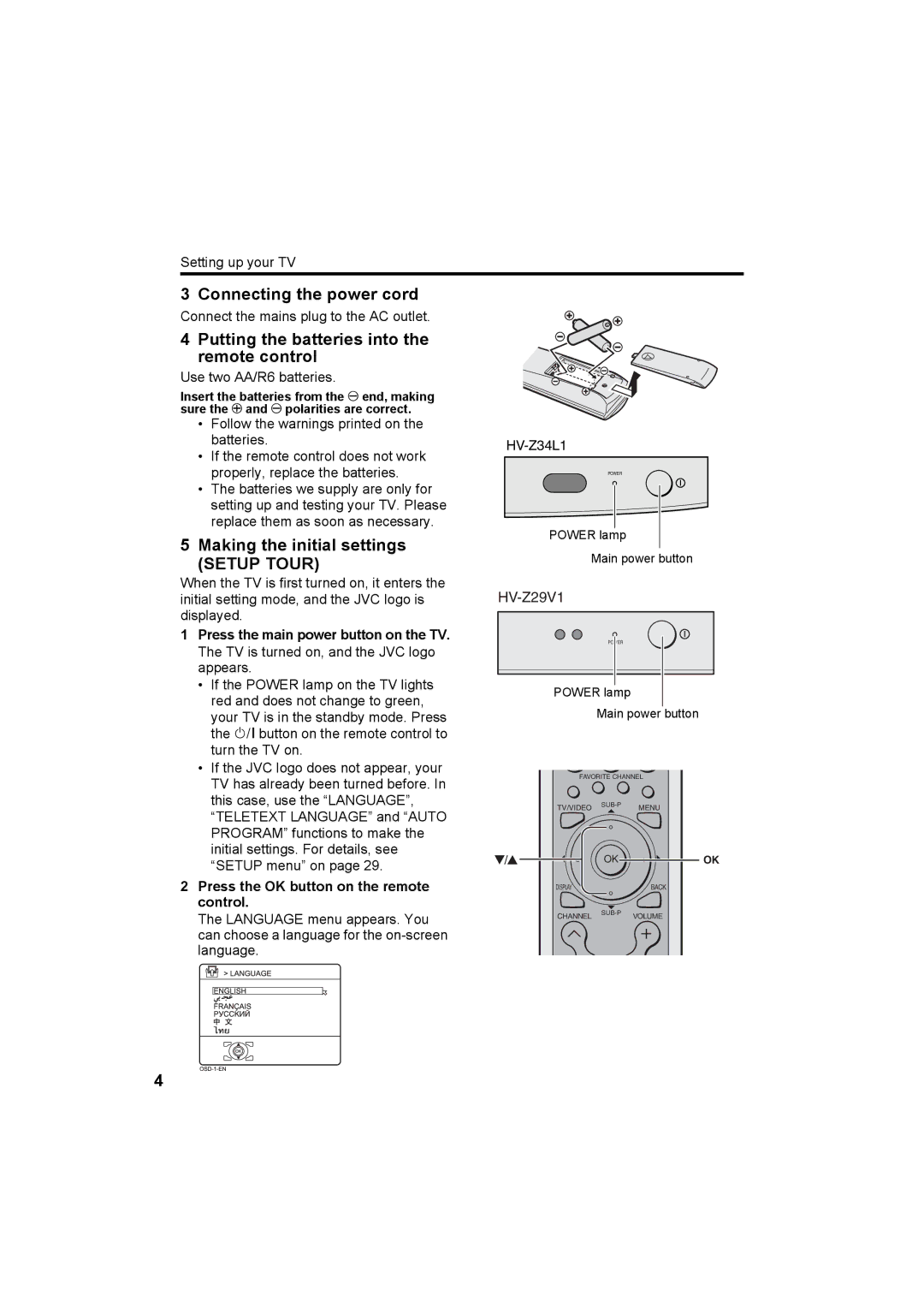 JVC HV-Z34L1, HV-Z29L1 specifications Connecting the power cord, Putting the batteries into the remote control, Setup Tour 