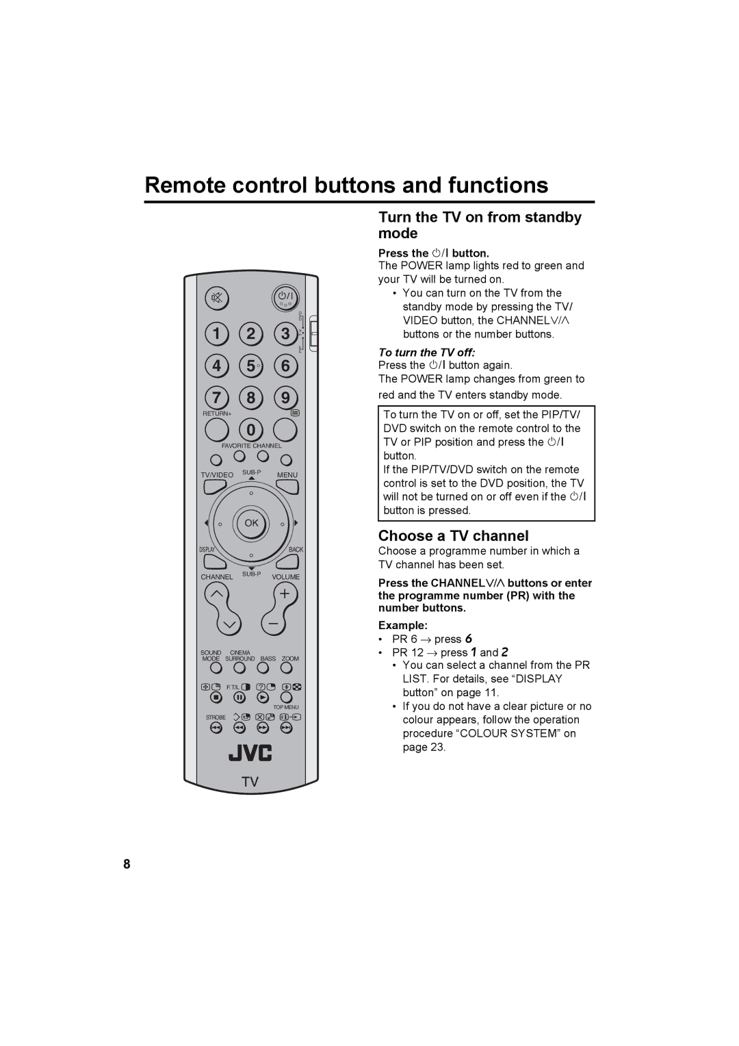 JVC HV-Z34L1, HV-Z29L1, HV-Z29V1, HV-Z34L1 specifications Remote control buttons and functions 