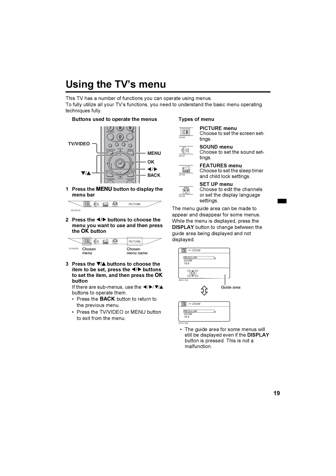 JVC HV-Z29V1, HV-Z34L1, HV-Z34L1, HV-Z29L1 specifications Using the TV’s menu 