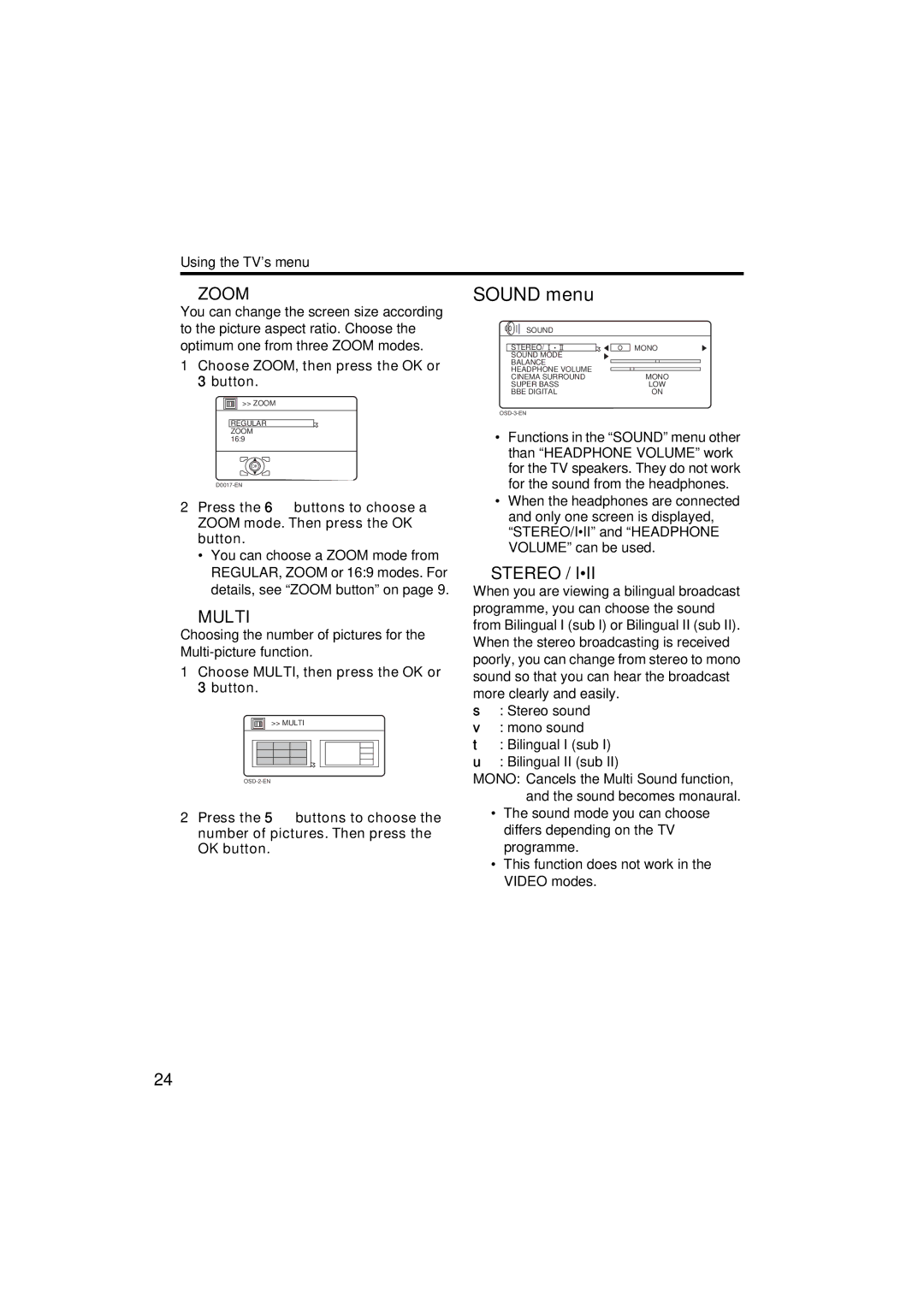 JVC HV-Z34L1, HV-Z29L1, HV-Z29V1, HV-Z34L1 specifications Sound menu 