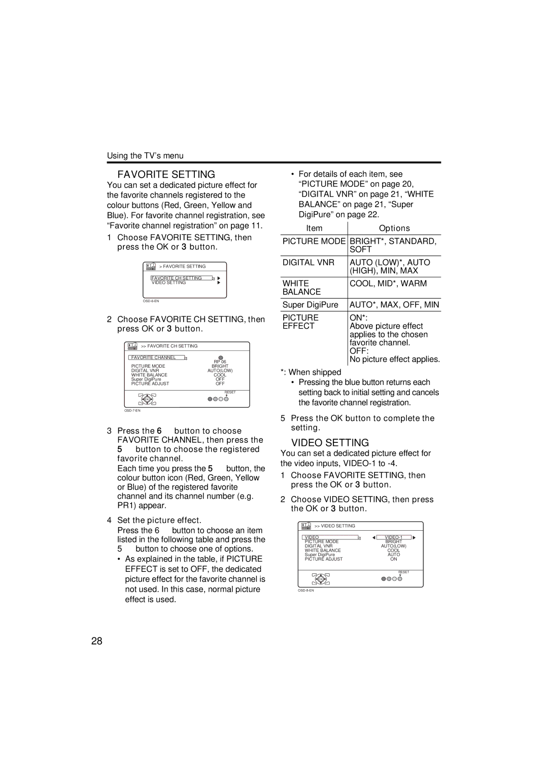 JVC HV-Z34L1, HV-Z29L1, HV-Z29V1, HV-Z34L1 specifications „ Favorite Setting 