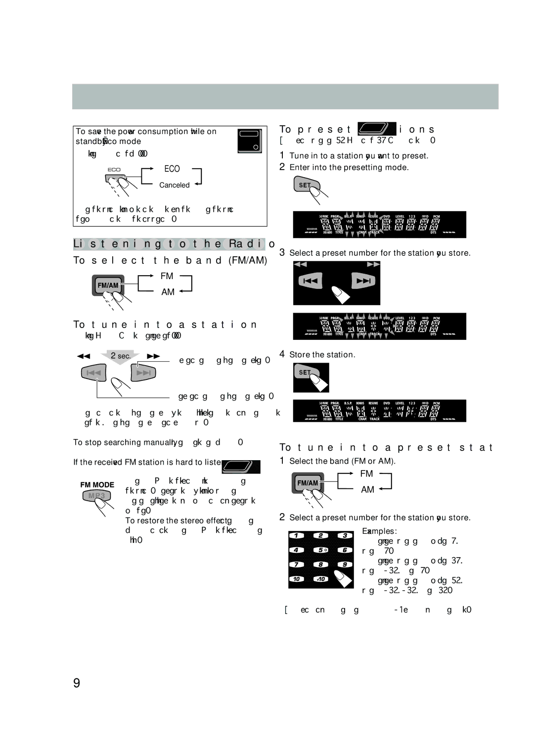 JVC HX-C6 Listening to the Radio, To select the band FM/AM, To tune in to a station, To tune in to a preset station, Eco 