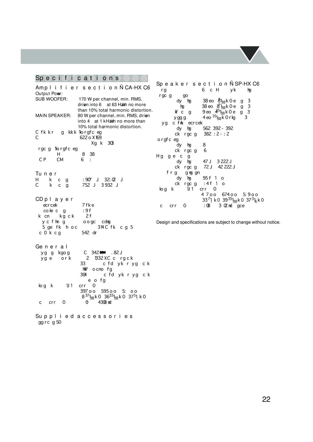 JVC HX-C6 Specifications Amplifier section-CA-HXC6, Tuner, CD player, Supplied accessories, Speaker section-SP-HXC6 