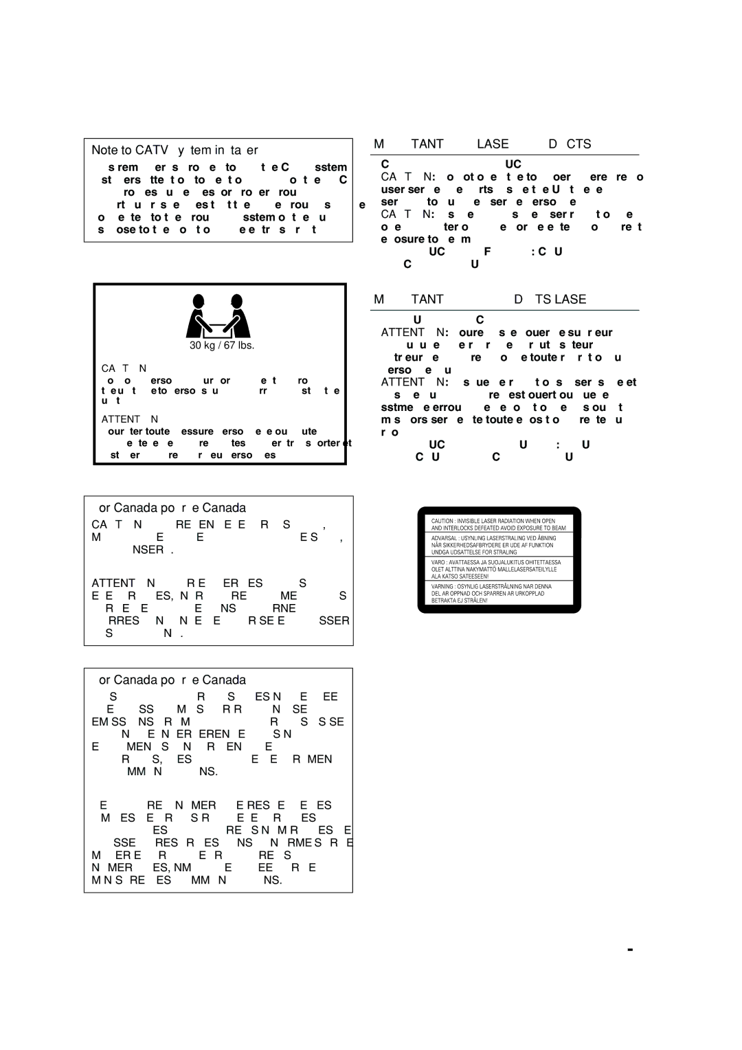 JVC HX-C6, SP-HXC6, CA-HXC6 manual For Canada/pour le Canada, 30 kg / 67 lbs 