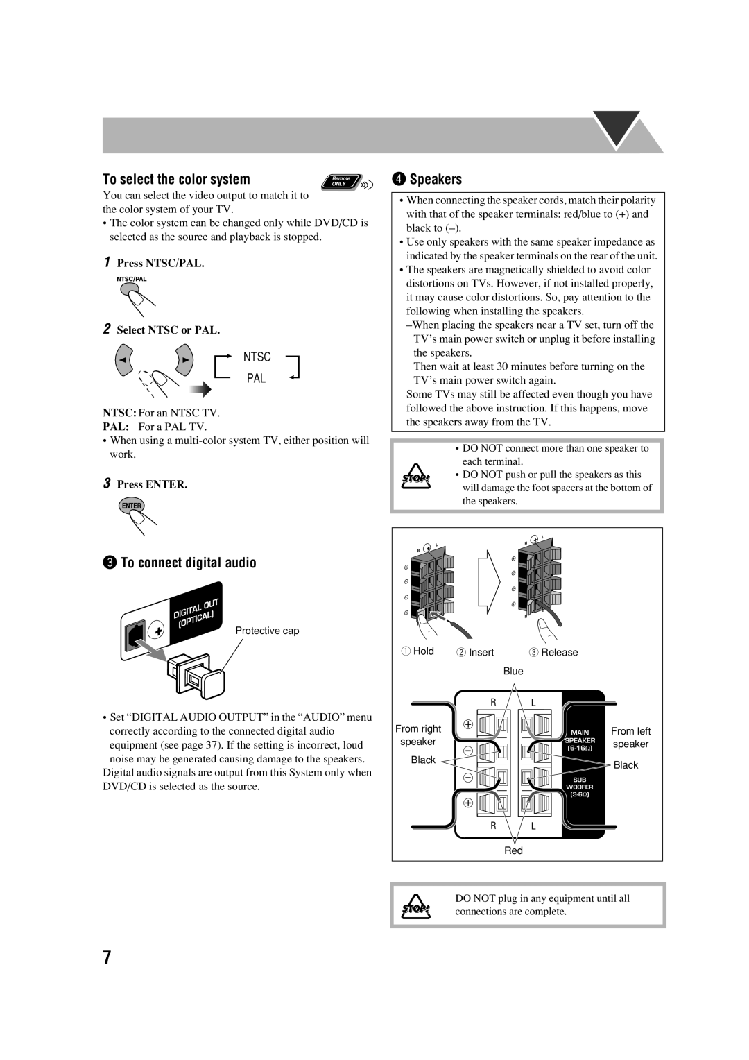 JVC HX-D77 manual ⁄ Speakers, To connect digital audio, Press NTSC/PAL Select Ntsc or PAL, Press Enter 