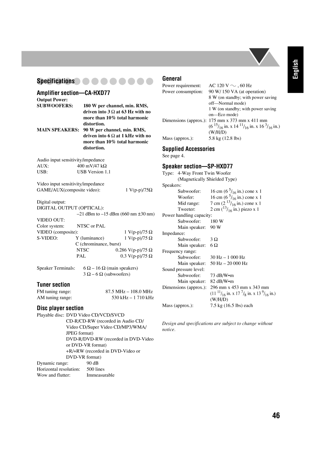 JVC HX-D77 manual Specifications 