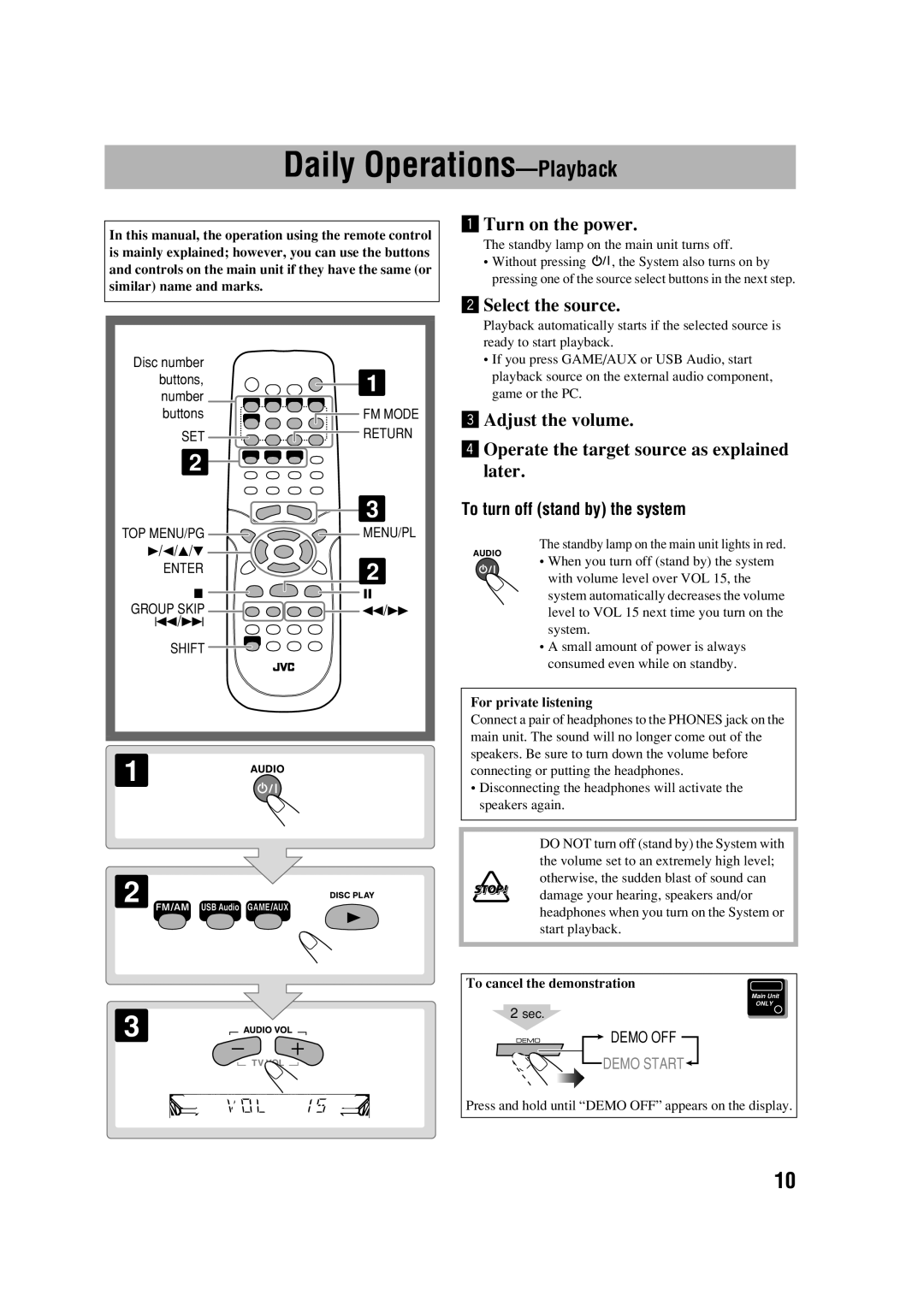 JVC HX-D77 Daily Operations-Playback, To turn off stand by the system, For private listening, To cancel the demonstration 