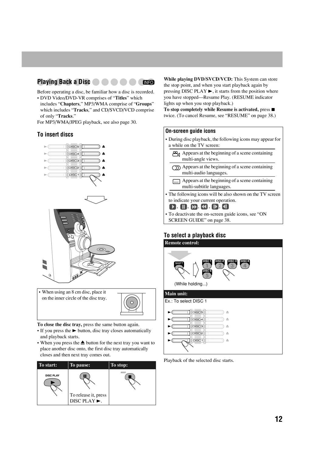 JVC HX-D77 manual To insert discs, To select a playback disc, On-screen guide icons 