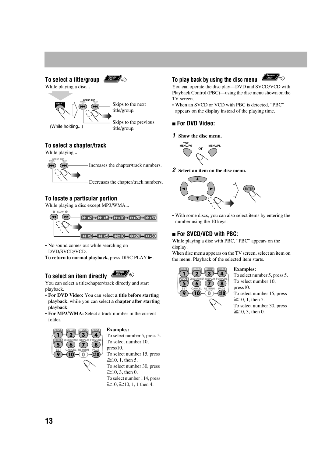 JVC HX-D77 manual To select a chapter/track, To locate a particular portion, For DVD Video, For SVCD/VCD with PBC 