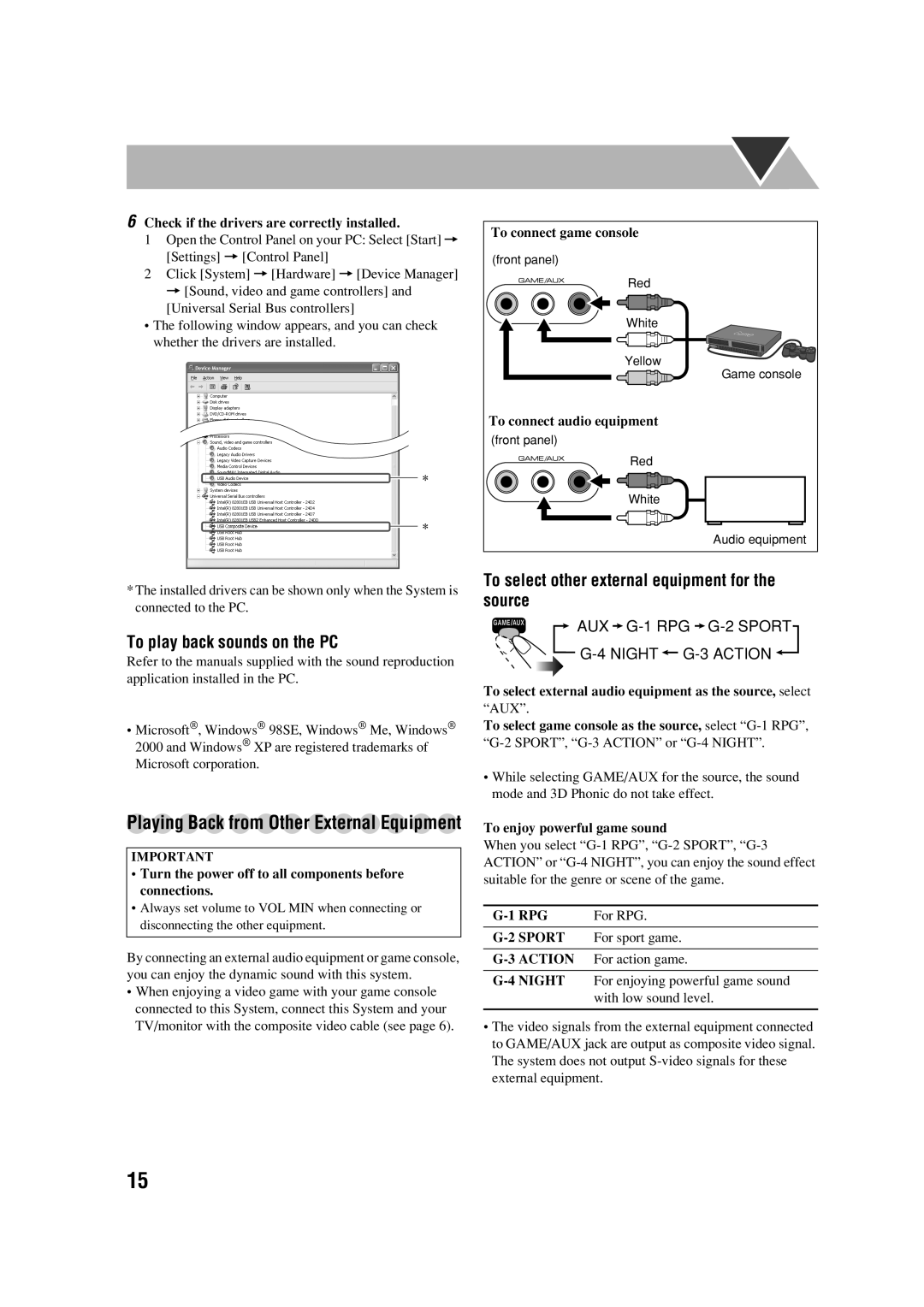 JVC HX-D77 manual To play back sounds on the PC, To select other external equipment for the source 