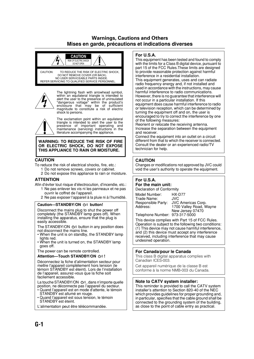 JVC HX-D77 Mises en garde, précautions et indications diverses, For U.S.A For the main unit, For Canada/pour le Canada 